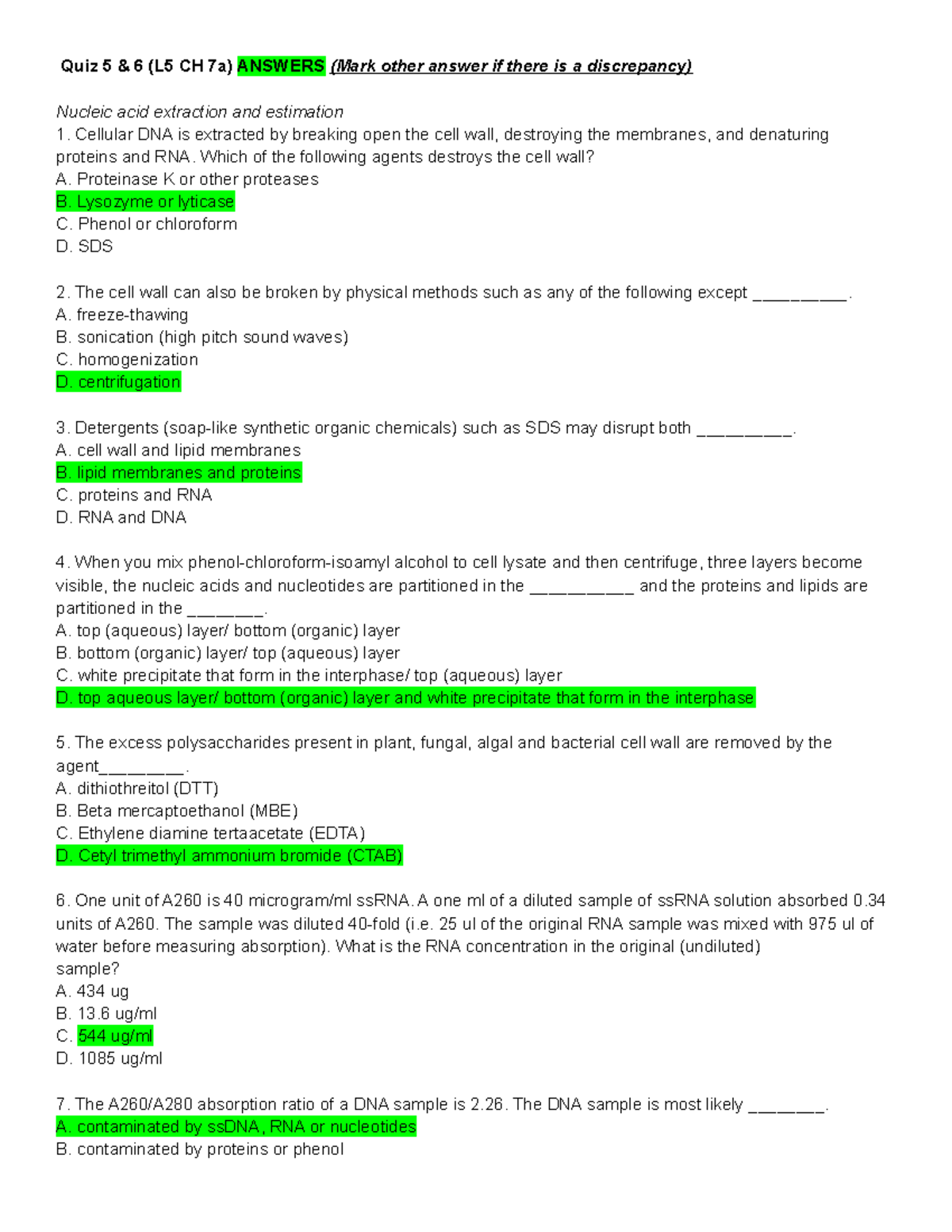 Quiz 5 & 6 (L5 CH 7a) Dr. Kudus This is the answer sheet to the
