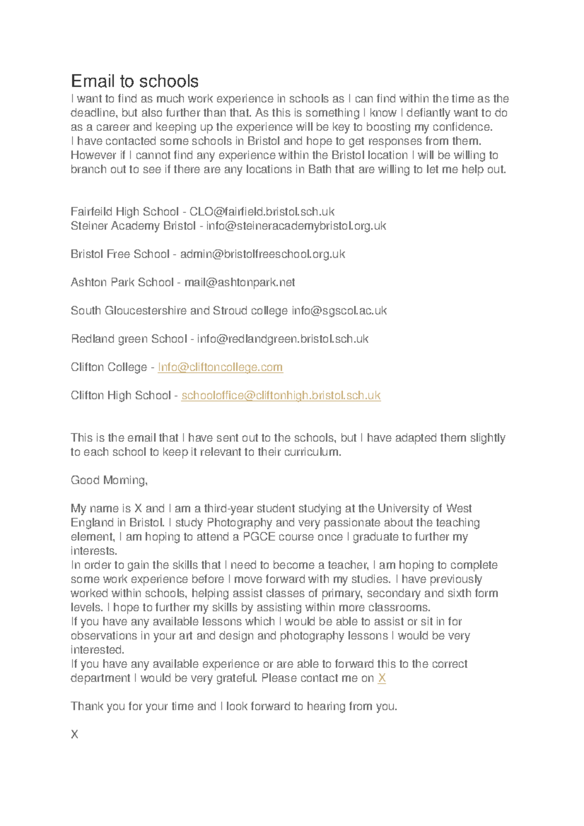 Email to schools - As this is something I know I defiantly want to do ...