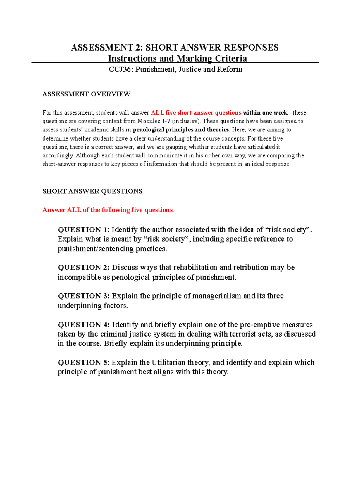 CCJ36 - Short Answers Instructions and Marking Criteria SP4, 2020 ...