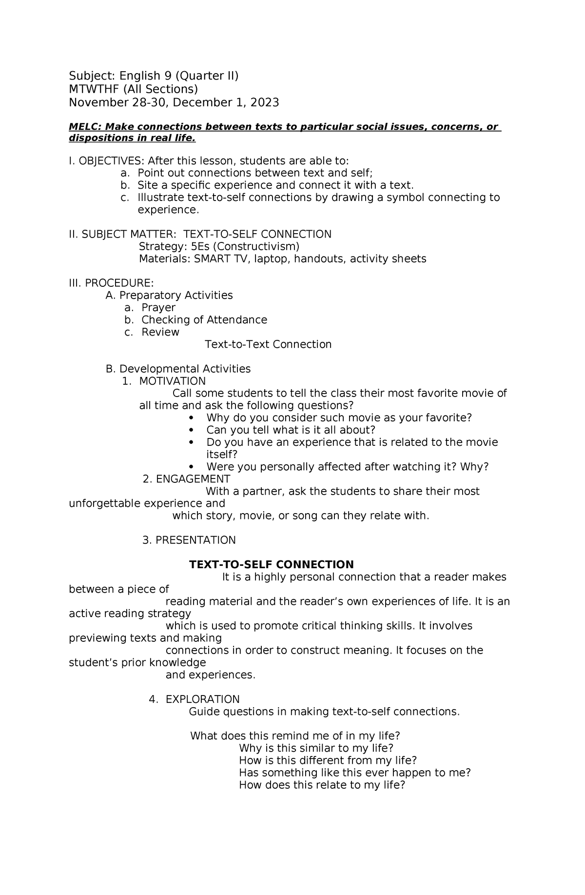 Lesson Plan - Subject: English 9 (Quarter II) MTWTHF (All Sections ...