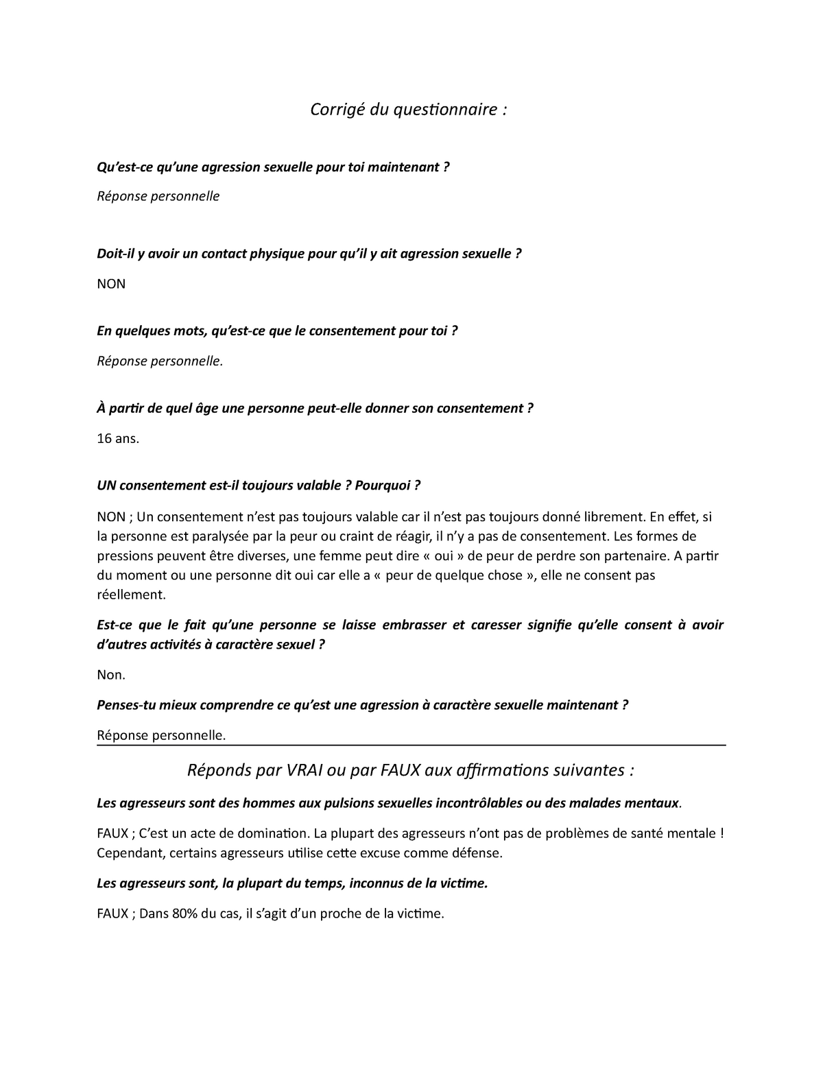 questionnaire agression sexuelle consentement corrigé du