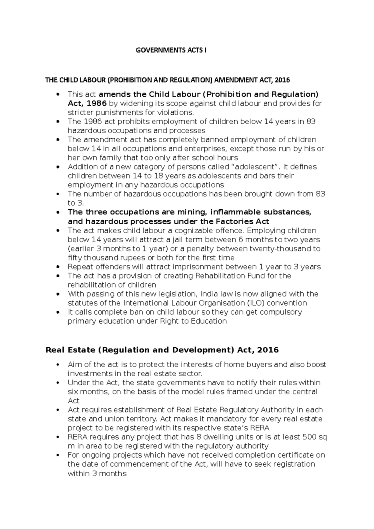 Governments ACTS I GOVERNMENTS ACTS I THE CHILD LABOUR (PROHIBITION