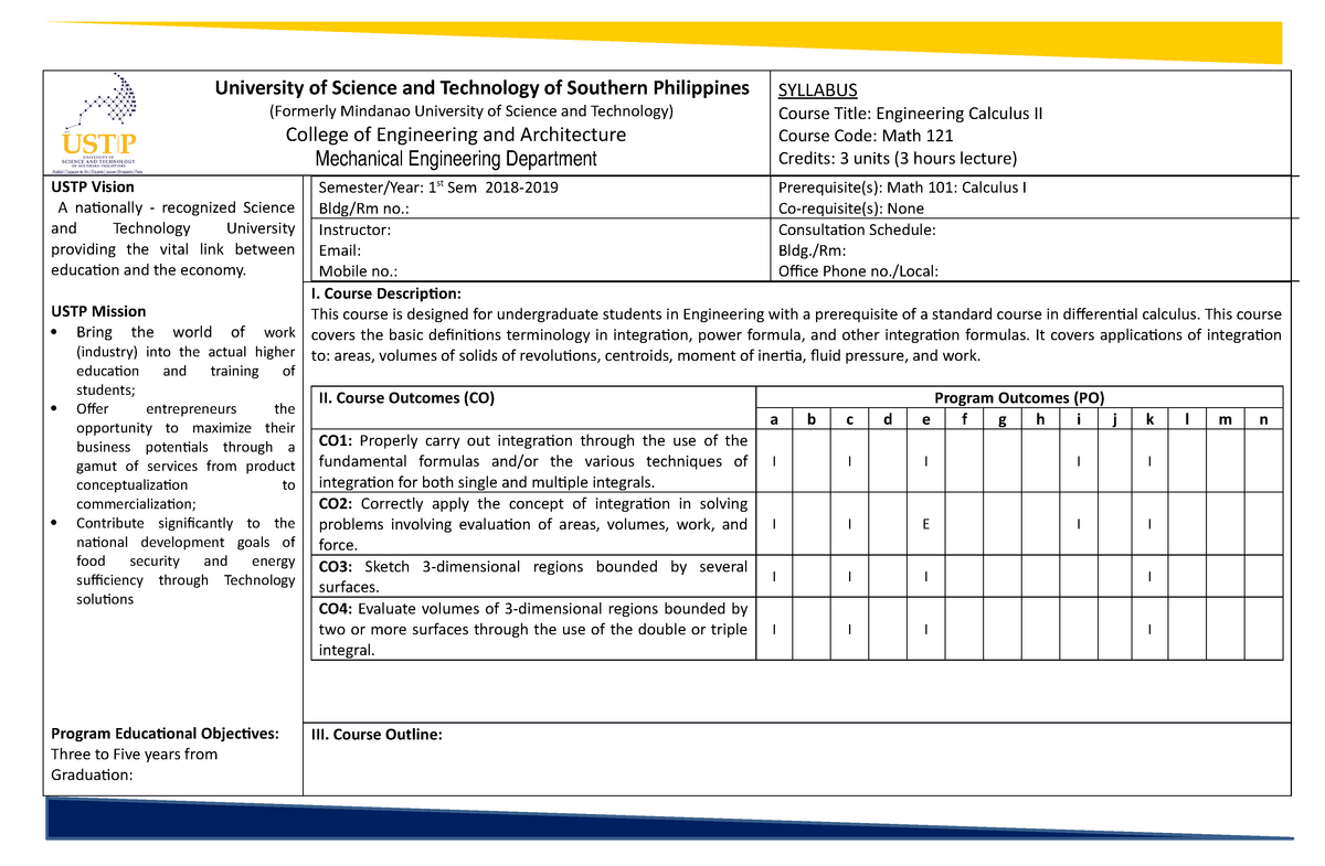 MATH121 - Calculus 2 - Syllabus - MATH 121 - USTP - StuDocu