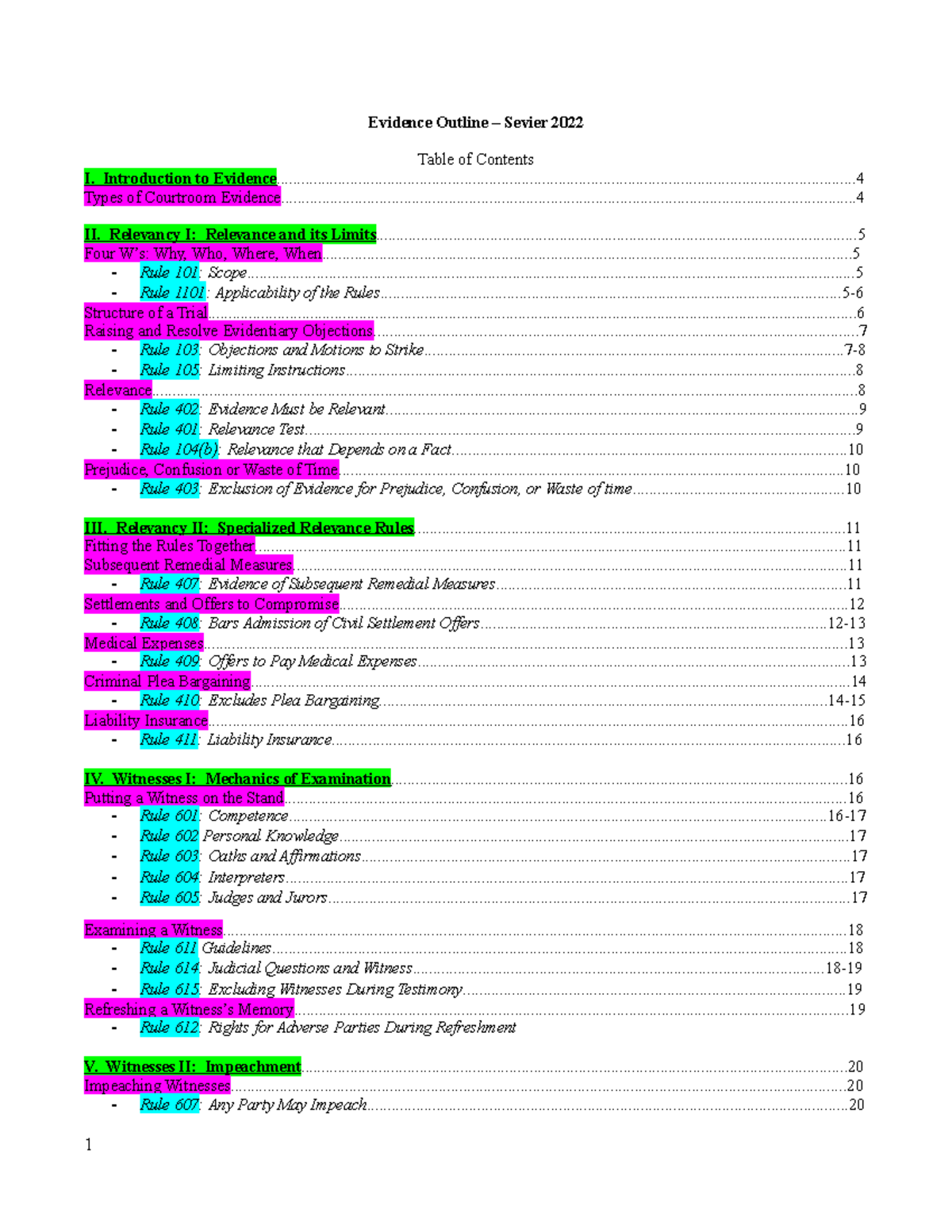 Master Evidence Outline 2022 (PDF Version) - Table of Contents ...