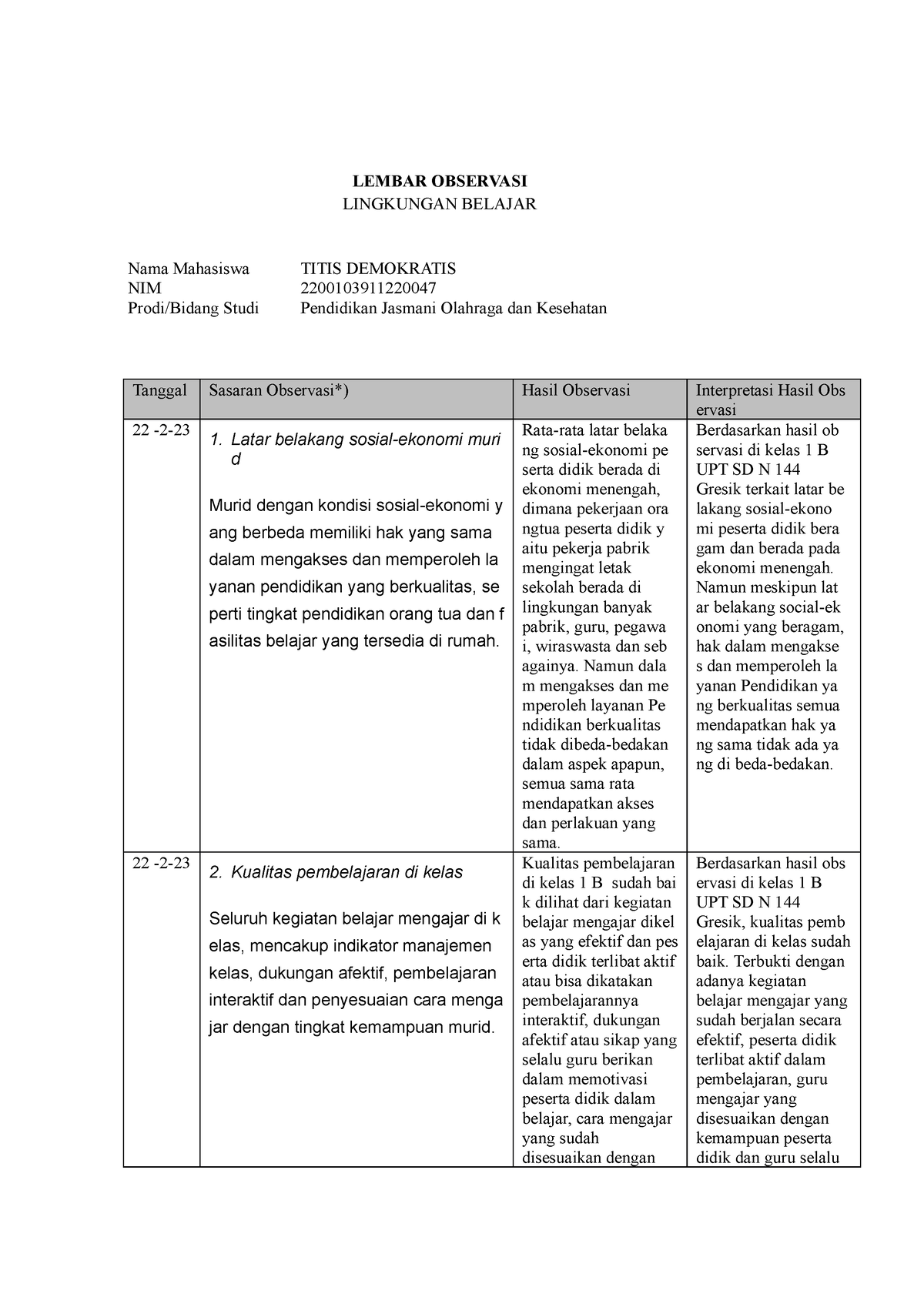 Lampiran 5 - Contoh Format Lembar Observasi Lingkungan Belajar Di ...