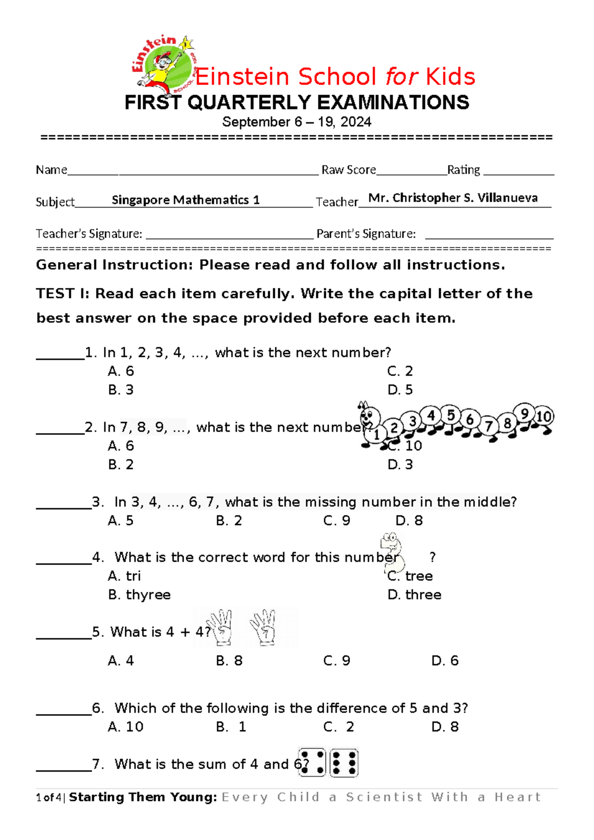 Mathematics 1 - test for 1st qtr - Einstein School for Kids FIRST ...
