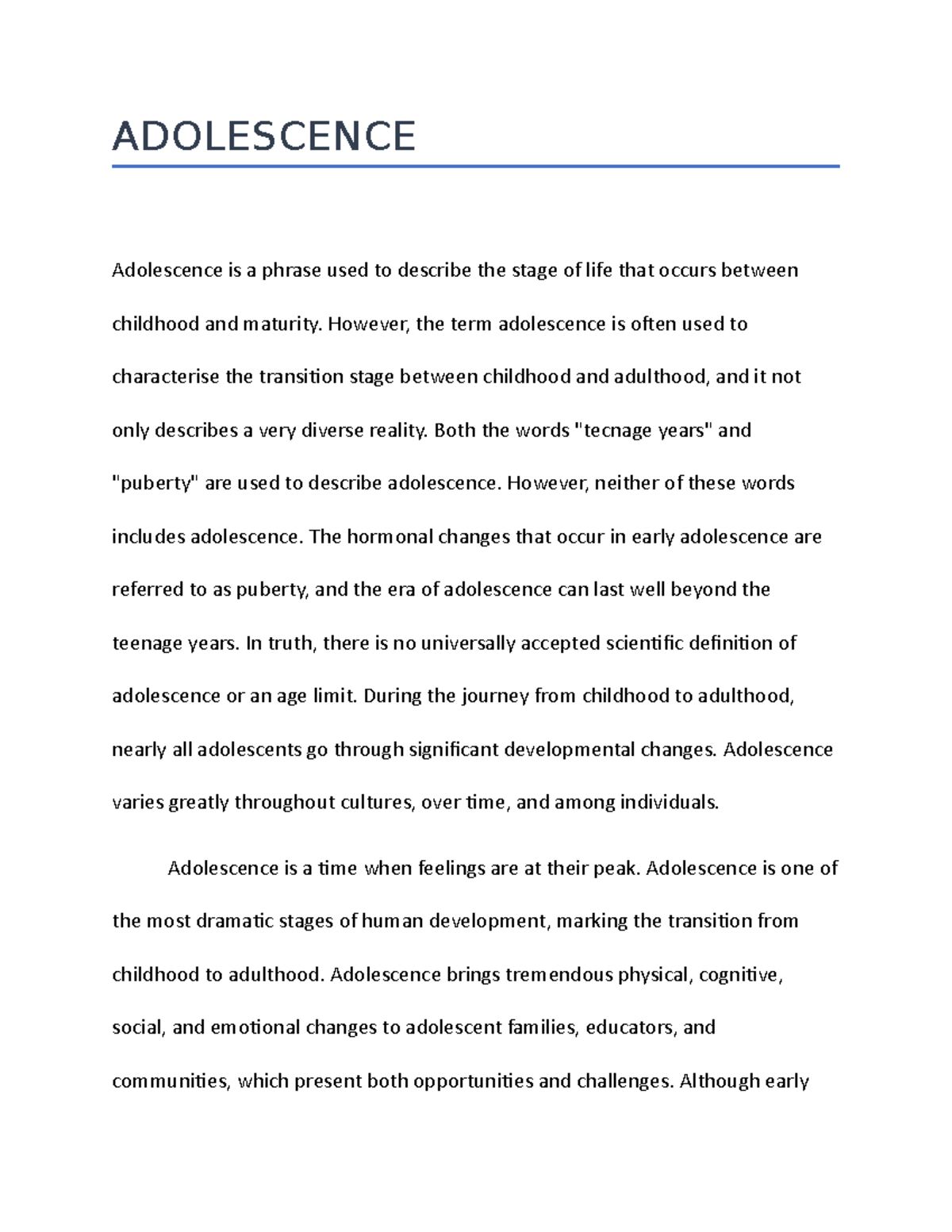 A Brife NOTE ON Adolescence - ADOLESCENCE Adolescence Is A Phrase Used ...