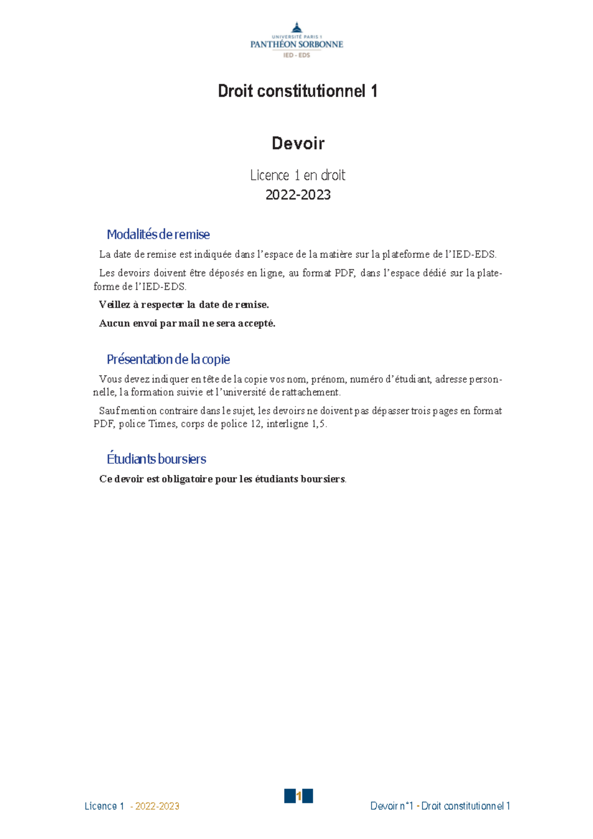 Droit Constitutionnel 1 Devoir N. 1 - 1 Licence 1 – 2022-2023 Devoir N ...