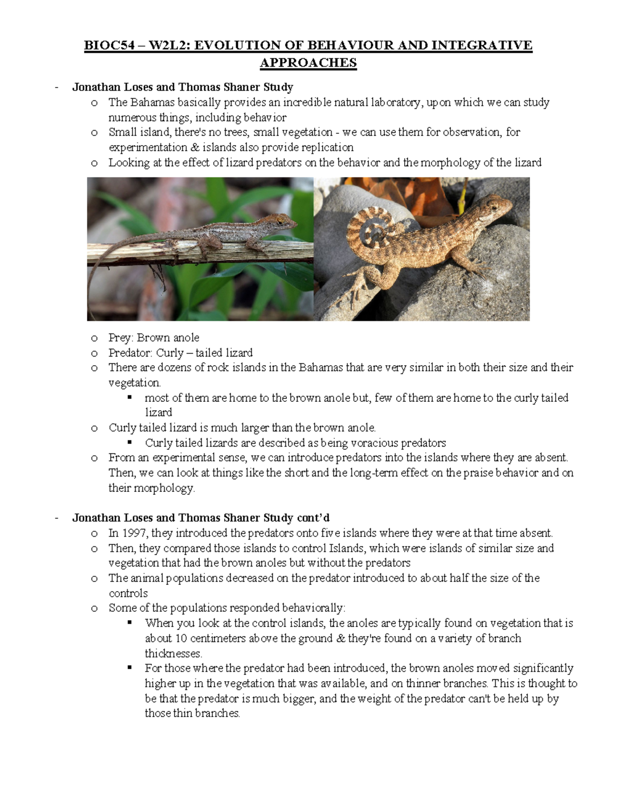 BIOC54H3 Week 2 lecture 2 - BIOC54 – W2L2: EVOLUTION OF BEHAVIOUR AND ...