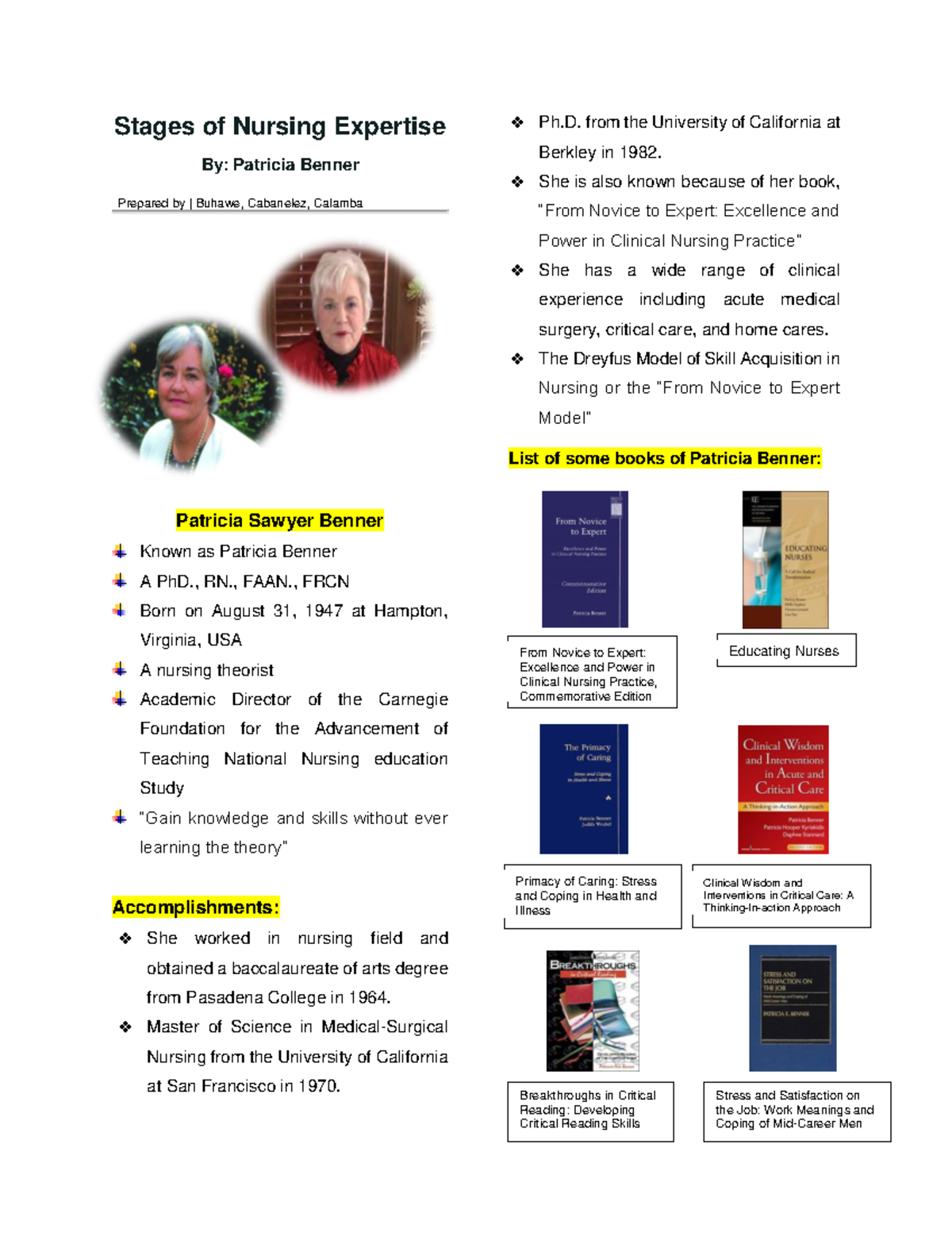 Group 6 - Patricia Benner - Stages of Nursing Expertise By: Patricia ...