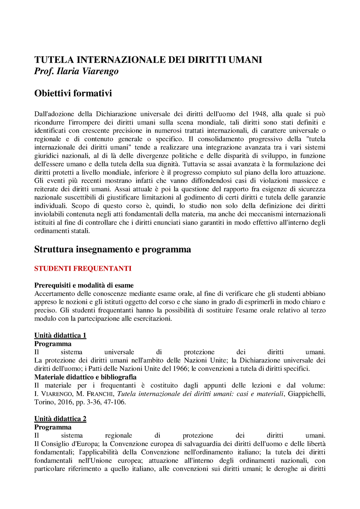 Tutela internazionale dei diritti umani: ca - FRANCHI M., VIARENGO I.