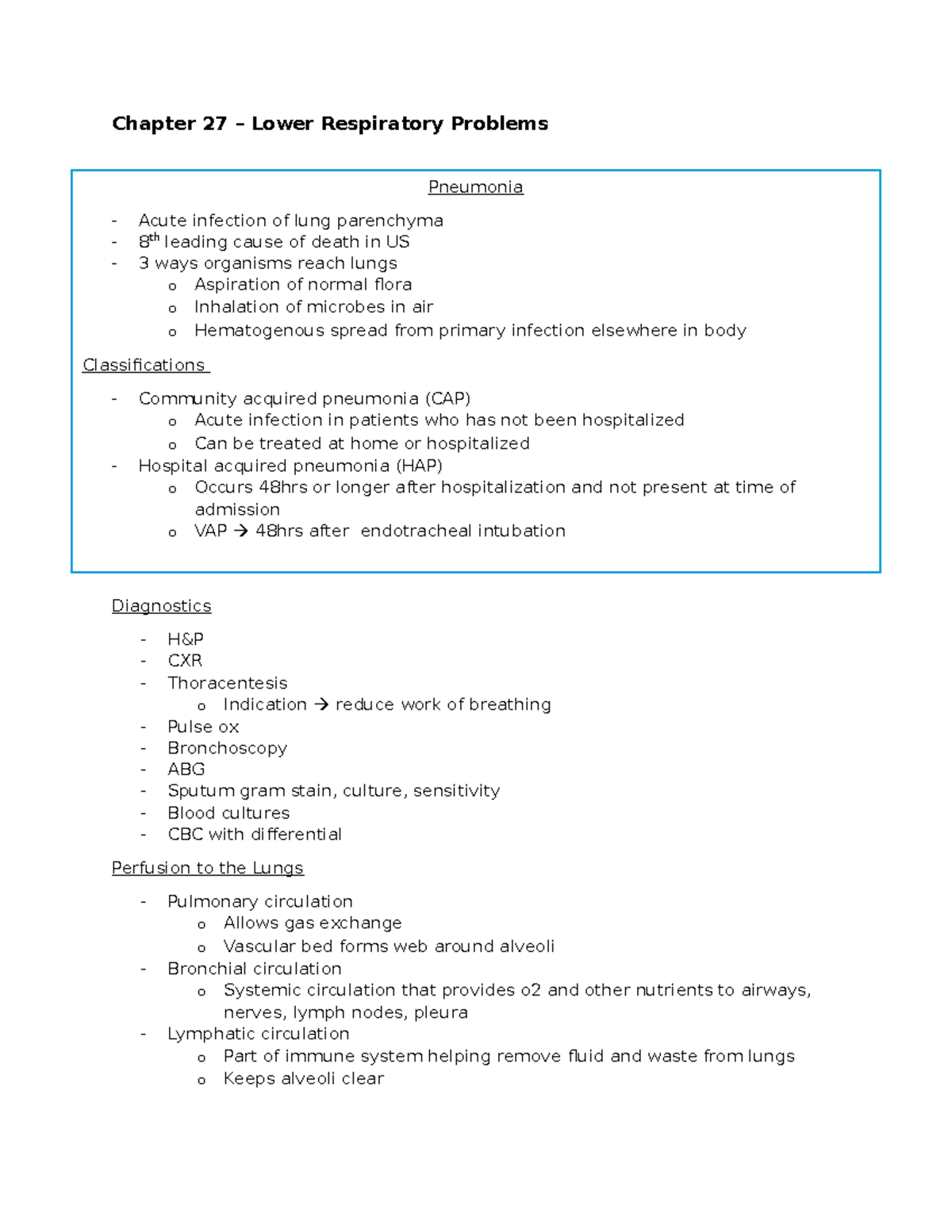 CC week 1 - Lecture notes week 1 - Chapter 27 – Lower Respiratory ...