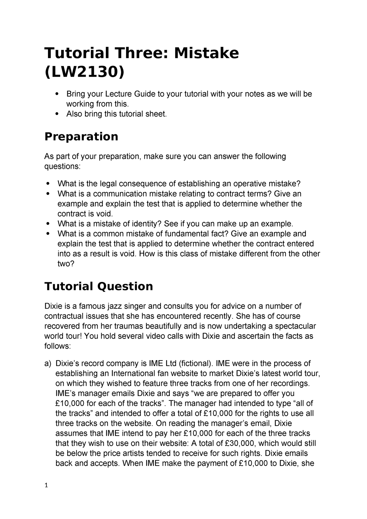 Contract Tutorial # 3 - Mistake - Tutorial Three: Mistake (LW2130 ...