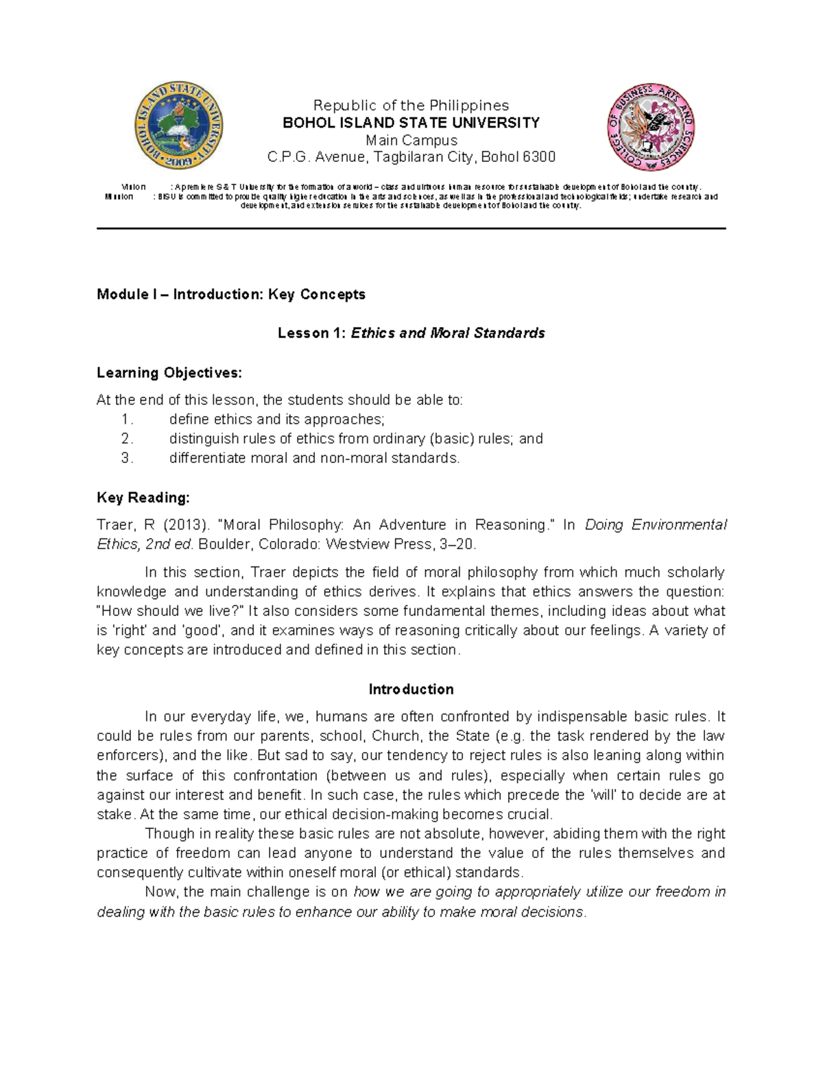 Ethics-Module Lesson 1 - Republic of the Philippines BOHOL ISLAND STATE ...