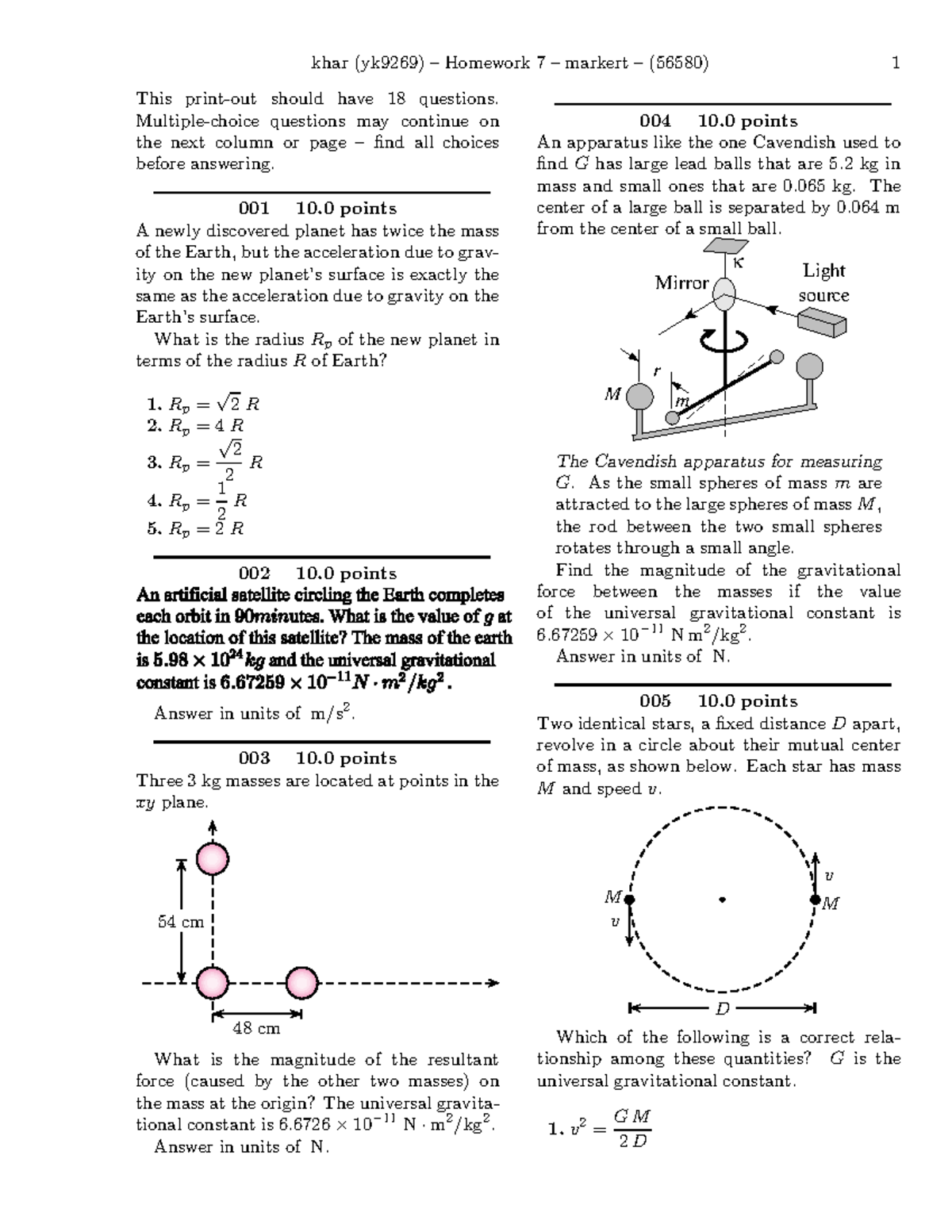 PHY 301 HW #7-problems - 18 problem questions on Gravitation - This ...