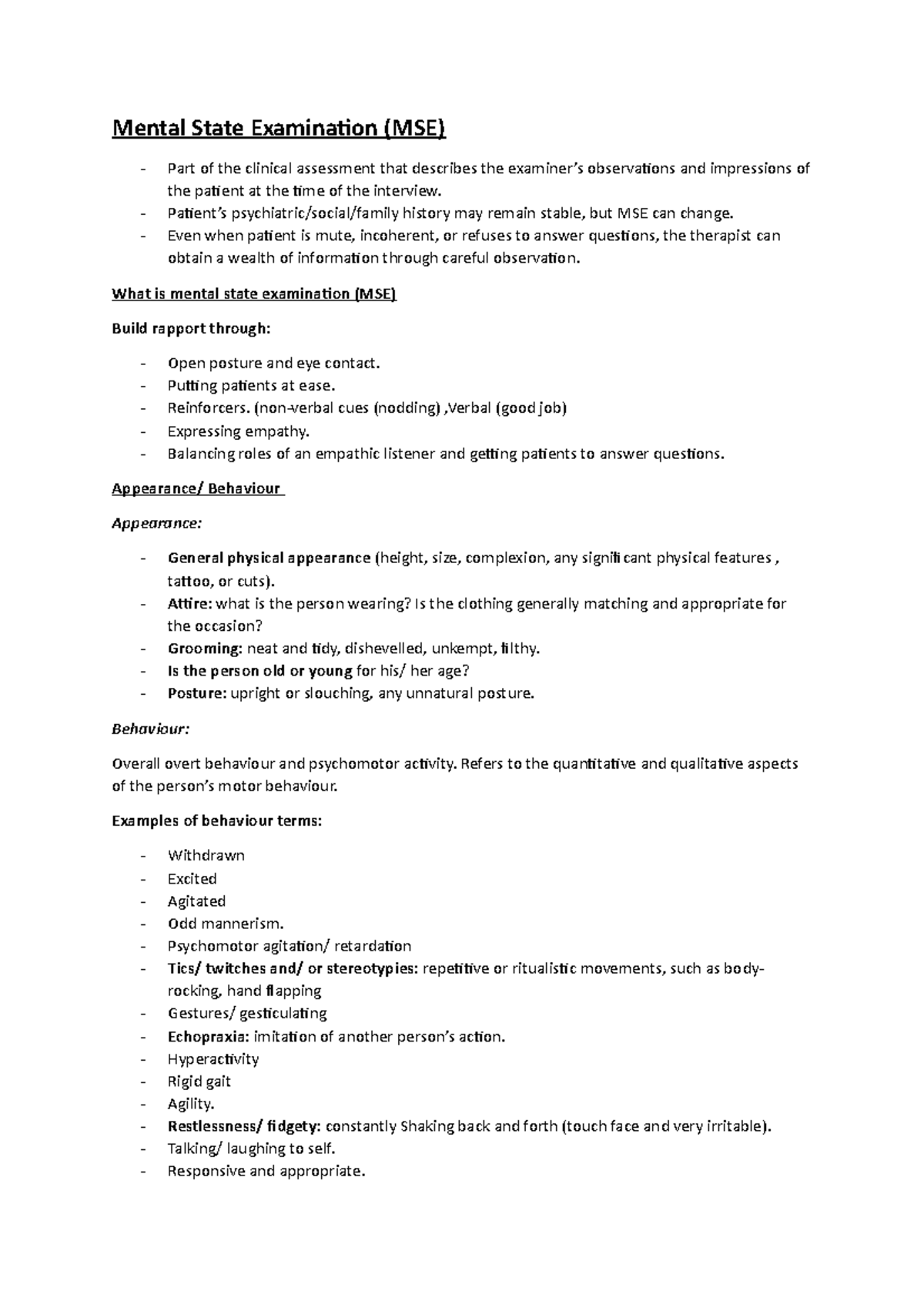 Mental State Examination - Patient’s psychiatric/social/family history ...