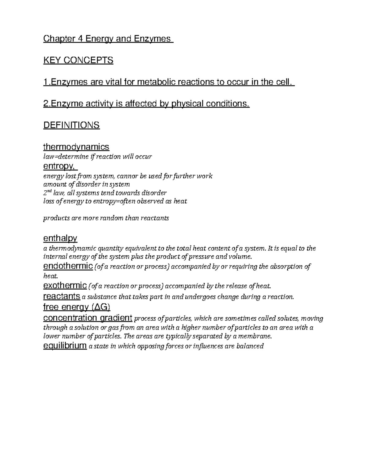 Bio 120 chapter 4 review - Chapter 4 Energy and Enzymes KEY CONCEPTS 1 ...