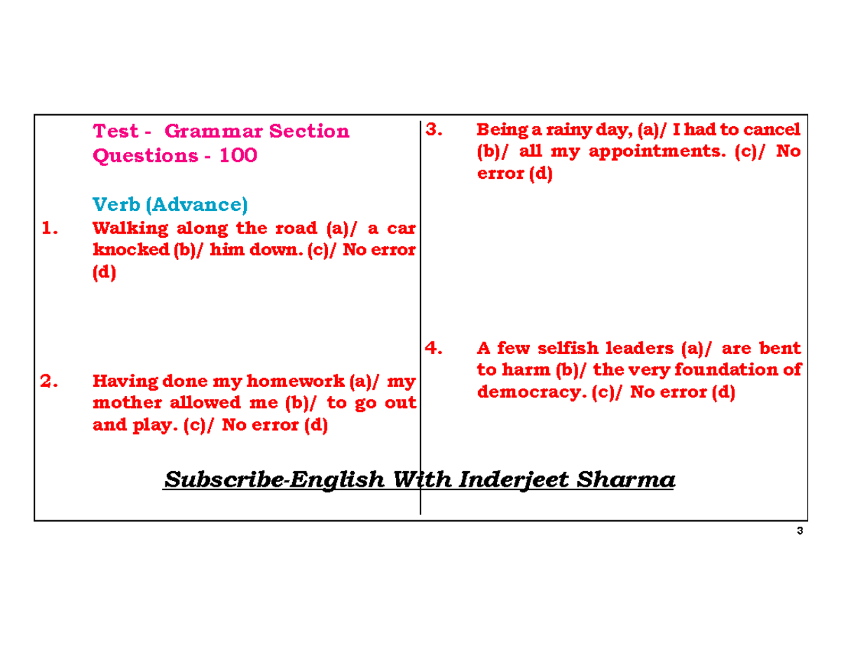 Verb (Advance) - VERBAL ABILITY - Test - Grammar Section Questions ...