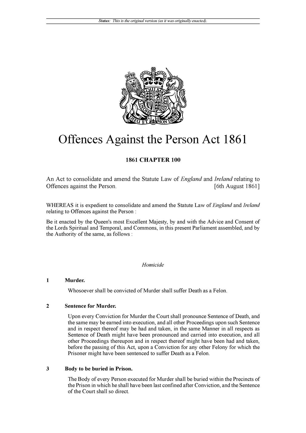 Offences Against THE Persons ACT 1861 - Status: This Is The Original ...