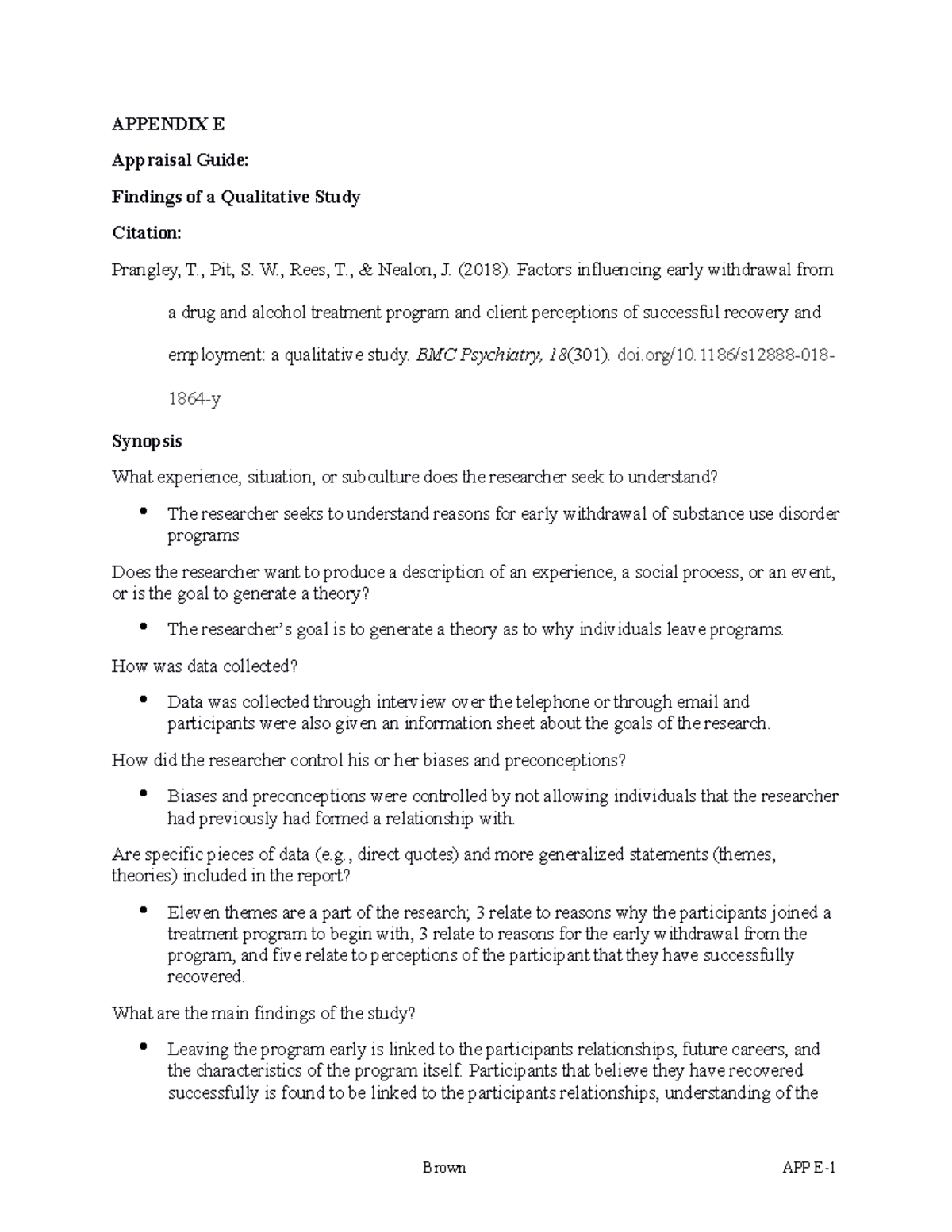 Qualitative Review PICOT - APPENDIX E Appraisal Guide: Findings of a ...