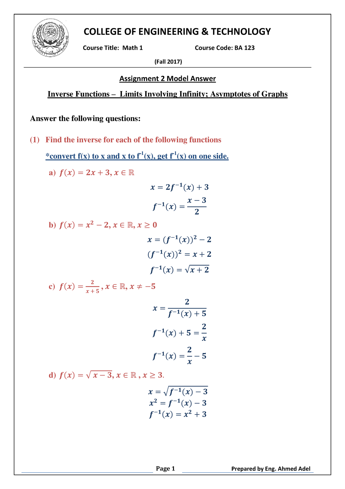 2 Inverse Functions Limits Involving Infinity Asymptotes Of Graphs Studocu