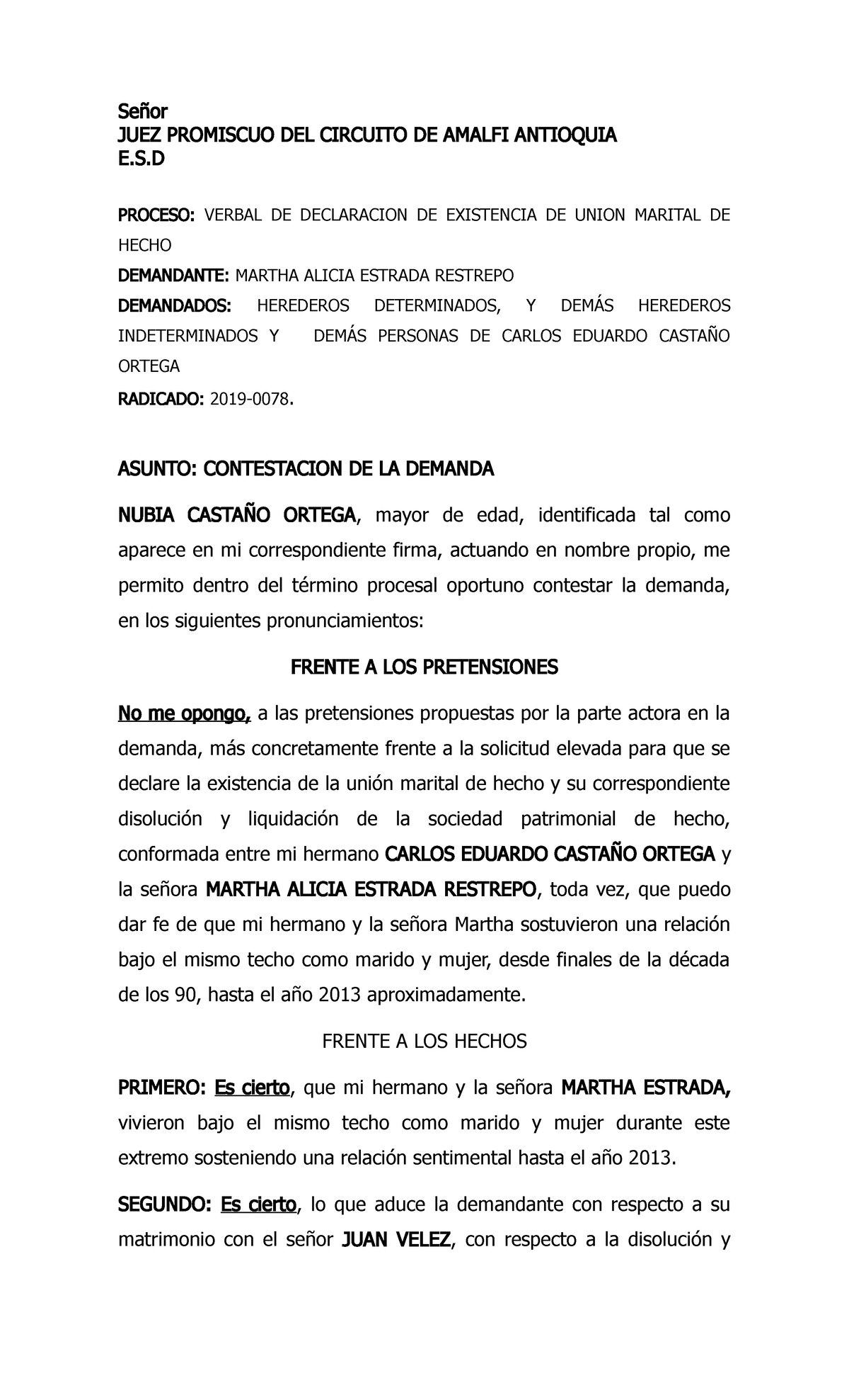 413501834 Contestacion Demanda Union marital de hecho - Señor JUEZ ...