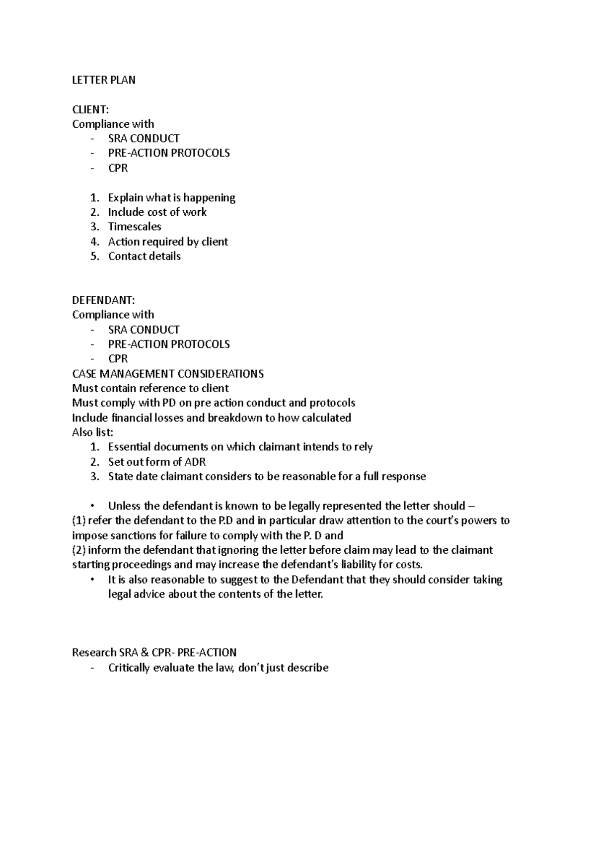 Letter PLAN - LETTER PLAN CLIENT: Compliance with - SRA CONDUCT - PRE ...