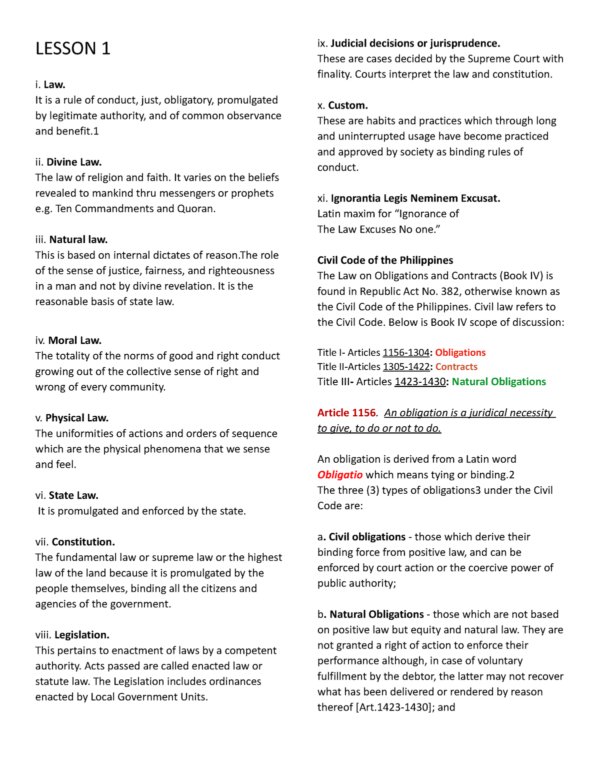 Oblicon- Reviewer - LESSON 1 I. Law. It Is A Rule Of Conduct, Just ...