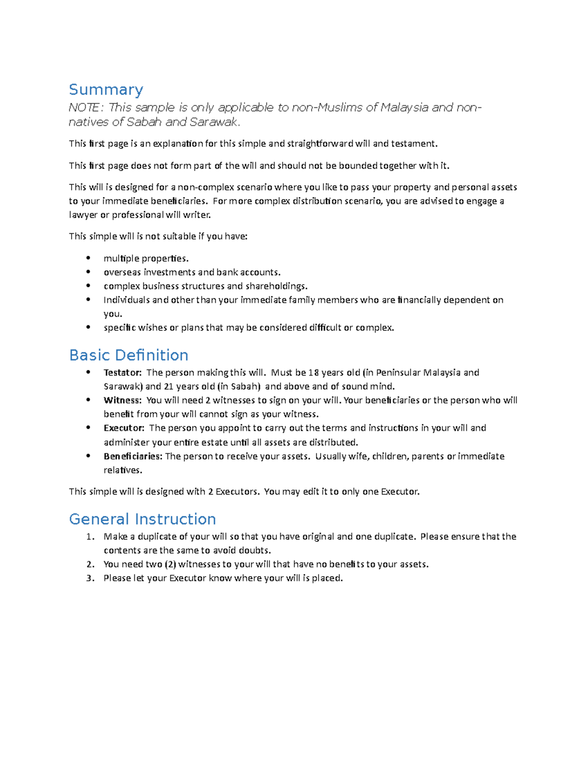 Will and Testament - Summary NOTE: This sample is only applicable to