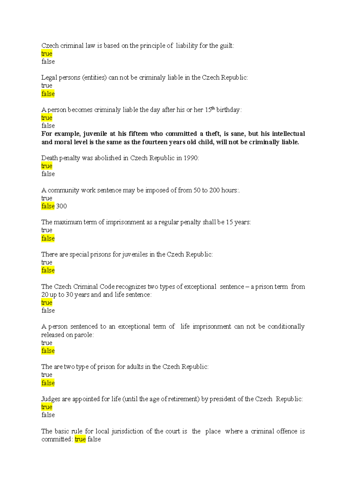 Criminal law Test Example - Czech criminal law is based on the