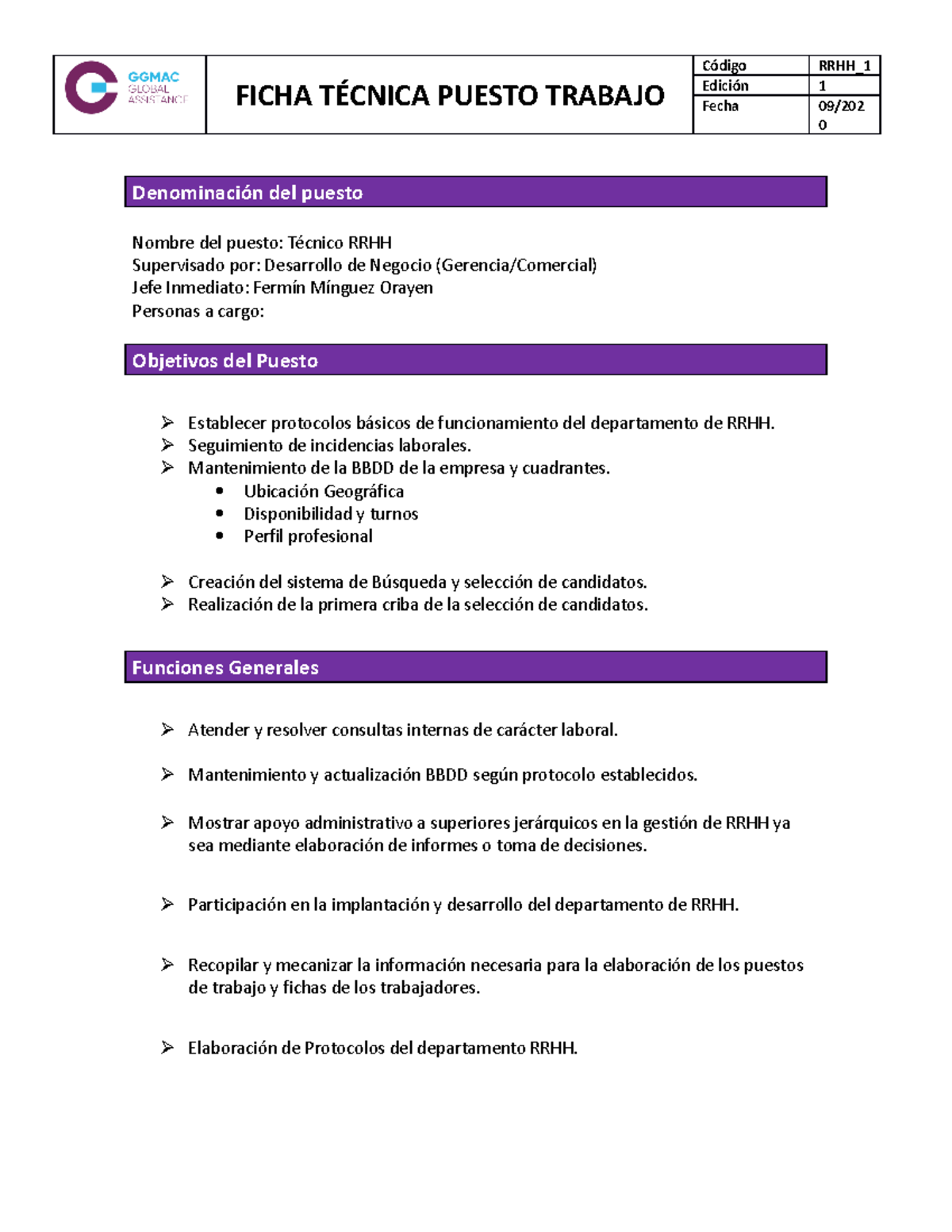 Formato Descripción de Puestos - FICHA TÉCNICA PUESTO TRABAJO Edición 1 ...
