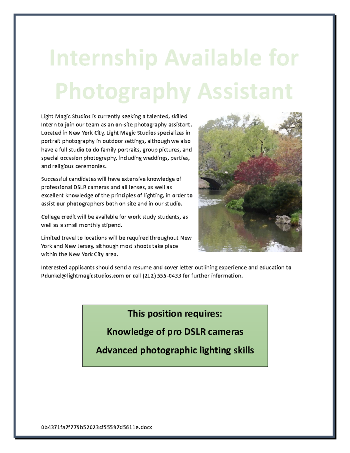 Word 1E Photography Assistant - Internship Available for Photography ...