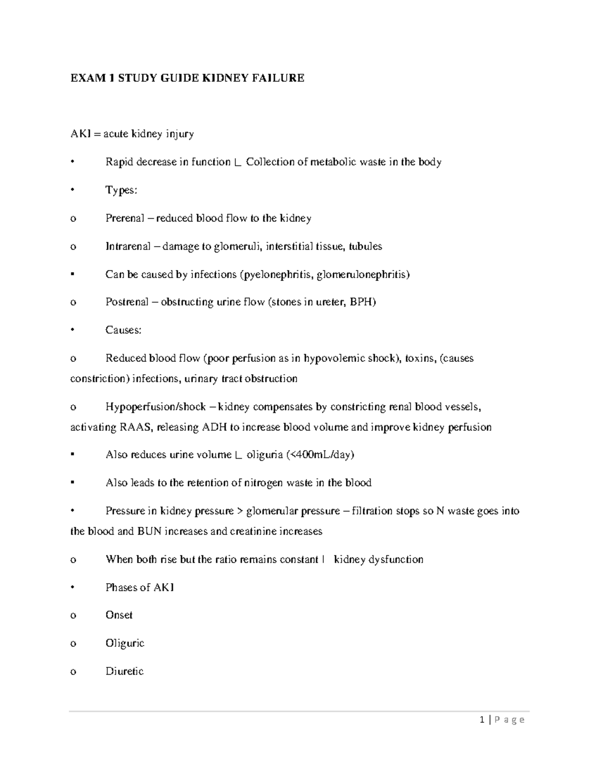 EXAM 1 Study Guide Kidney Failure - EXAM 1 STUDY GUIDE KIDNEY FAILURE ...