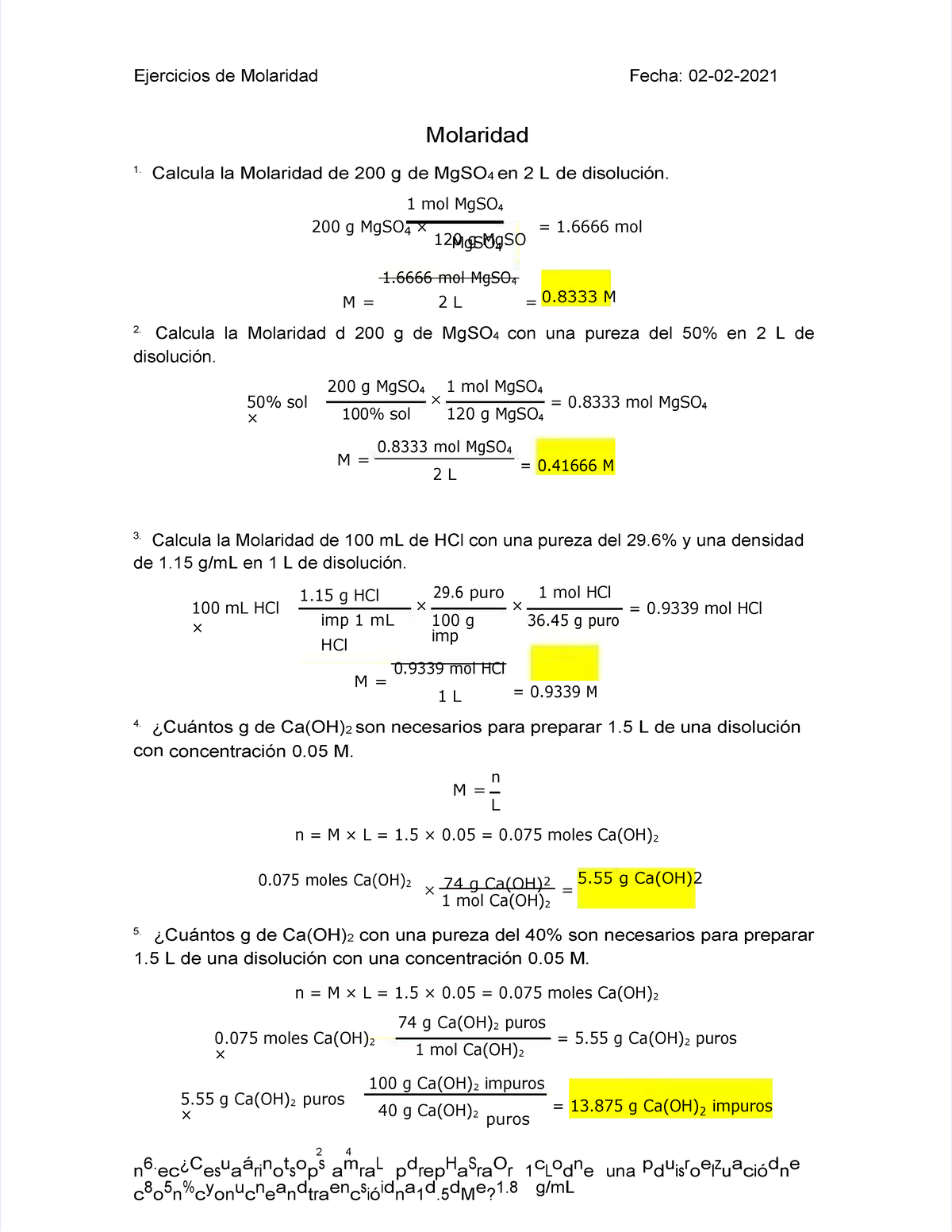 Pdf Ejercicios De Molaridad - Ejercicios De Molaridad Fecha: 02-02 ...