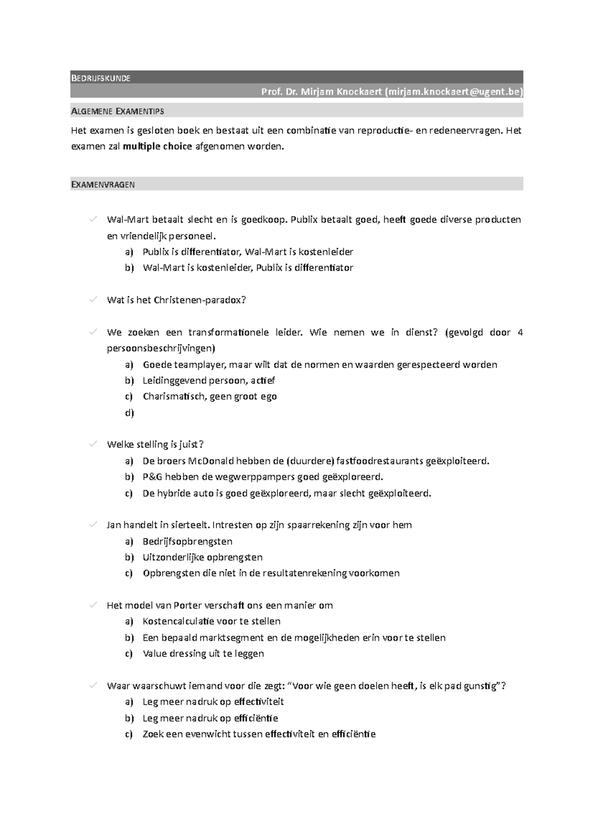 Bedrijfskunde Examenvragen 1 - BEDRIJFSKUNDE Prof. Dr. Mirjam Knockaert ...