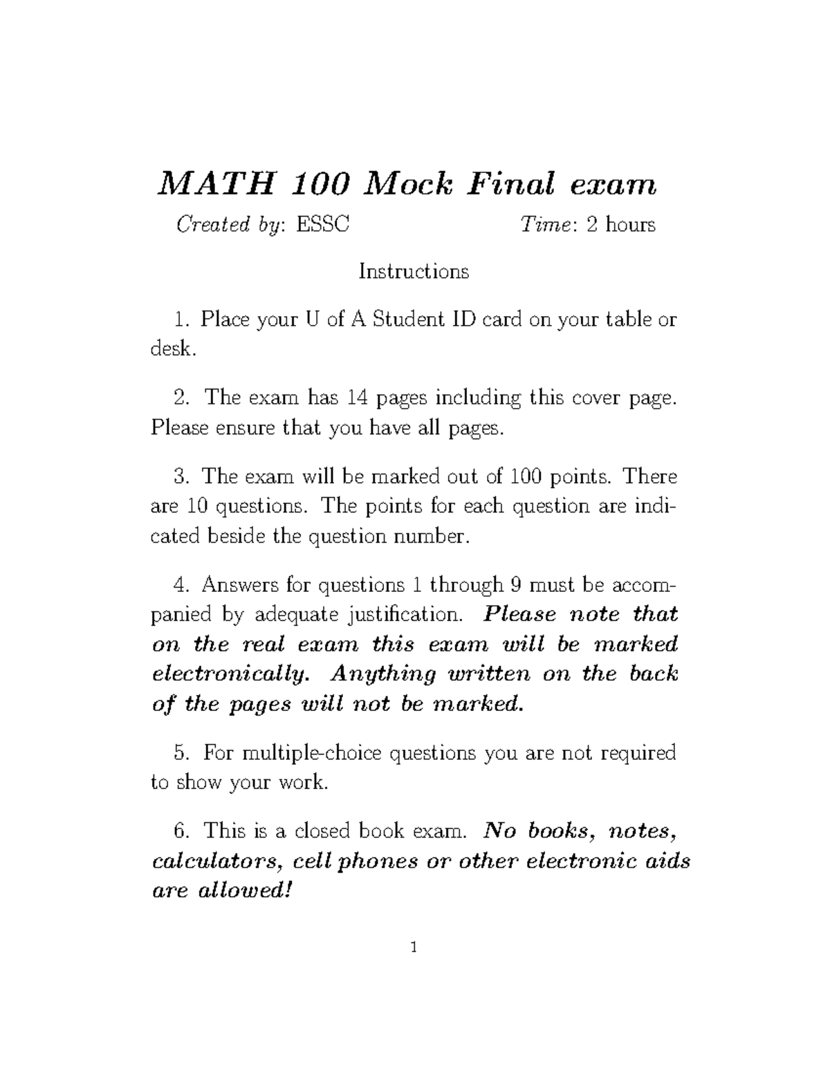 Mock MATH 100 Final MATH 100 Mock Final exam Created by ESSC Time 2