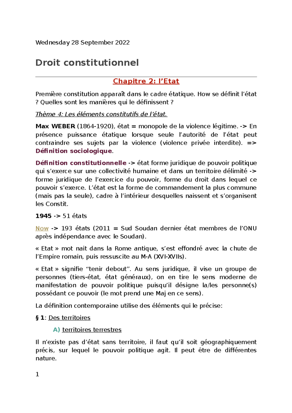 Droit Constit 2 - Cours S1 - Wednesday 28 September 2022 Droit ...