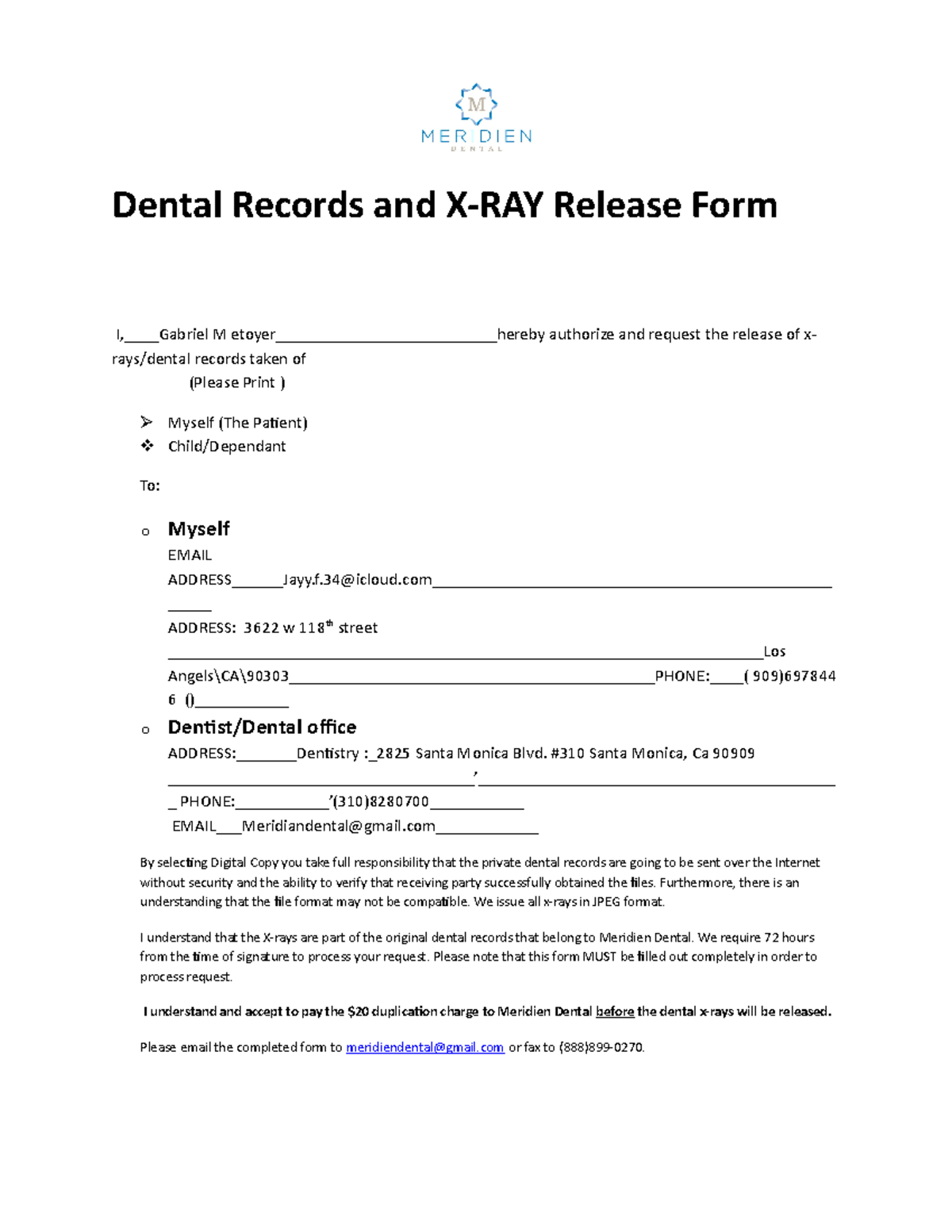 Release Consent Form Copy Dental Records And X RAY Release Form I Gabriel M Studocu