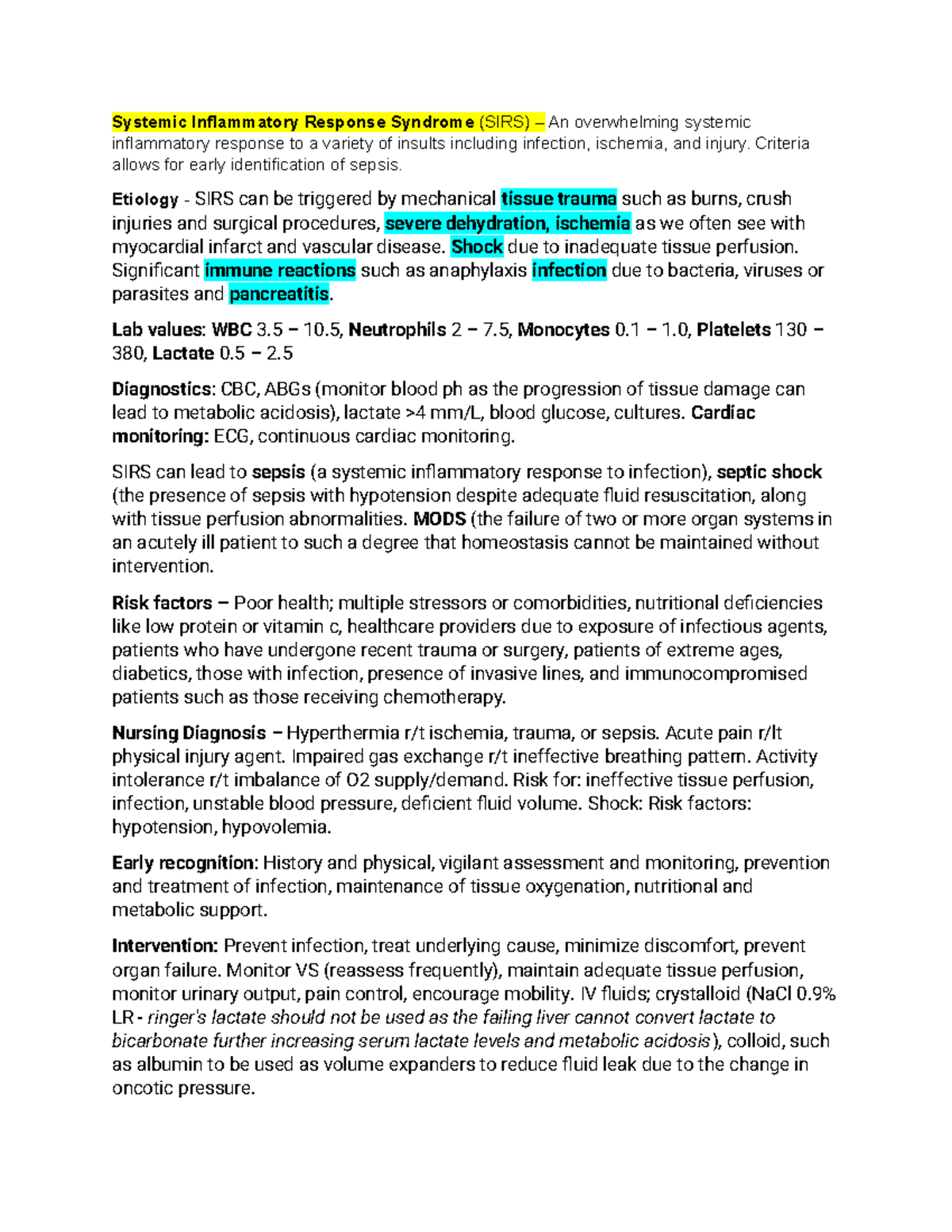 Systemic Inflammatory Response Syndrome - Criteria allows for early ...