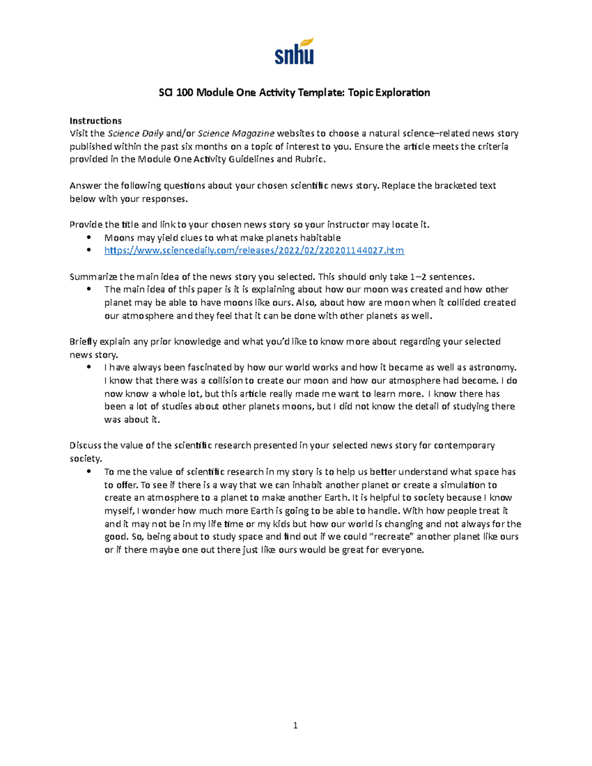 Mod 1 Activity - SCI 100 Module One Activity Template: Topic ...