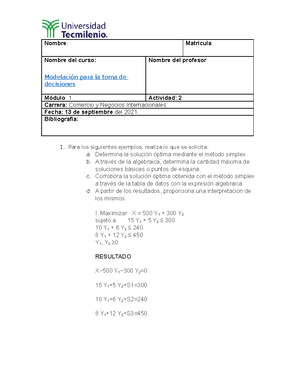 Modelacion Para La Toma Toma De Decisiones Evidencia 1 - Nombre ...