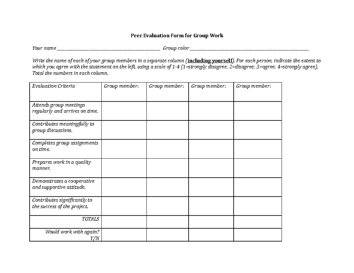 Peer evaluation form - midterm - Peer Evaluation Form for Group Work ...