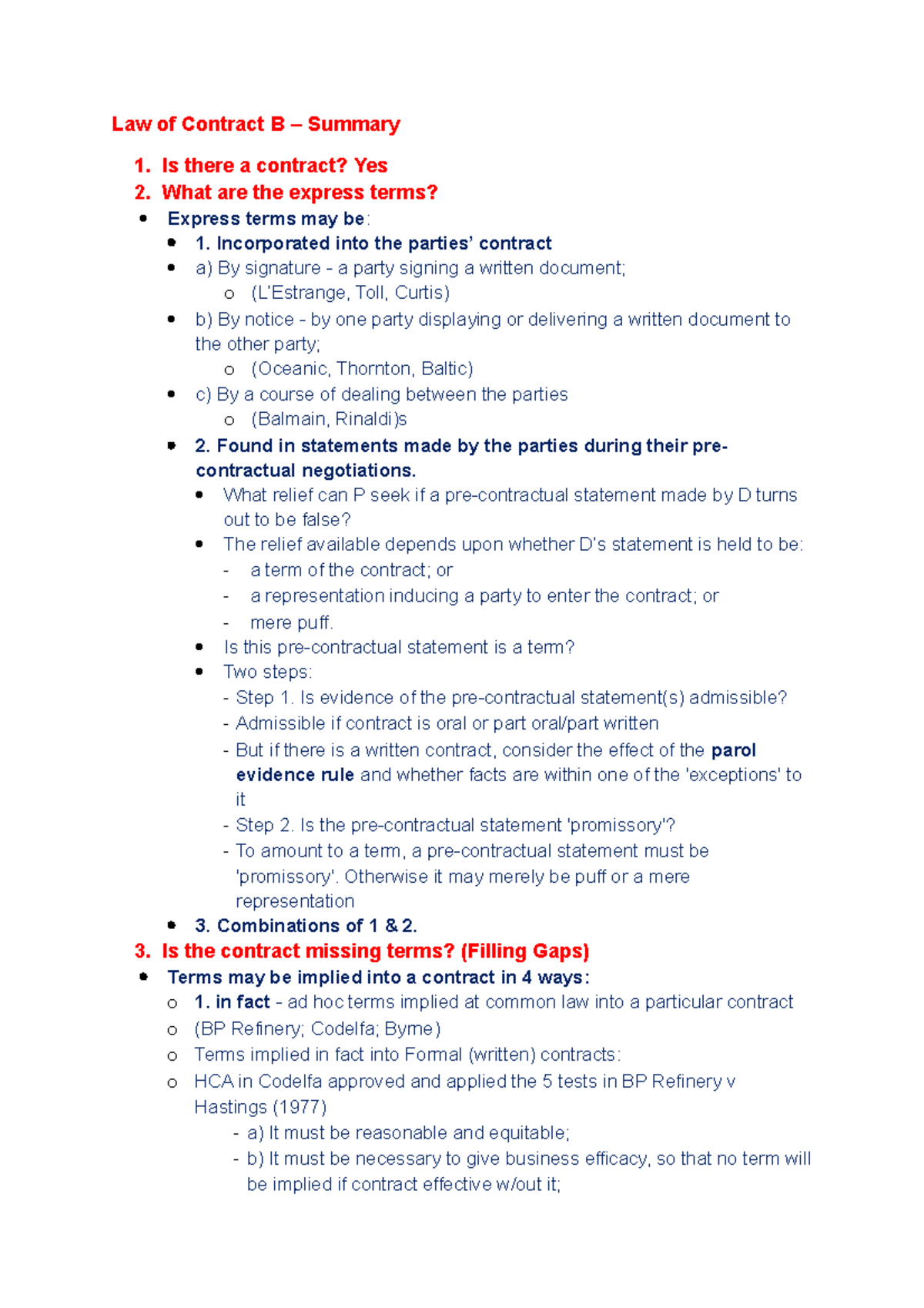 Elements LLB1170 - Law Of Contract B – Summary 1. Is There A Contract ...