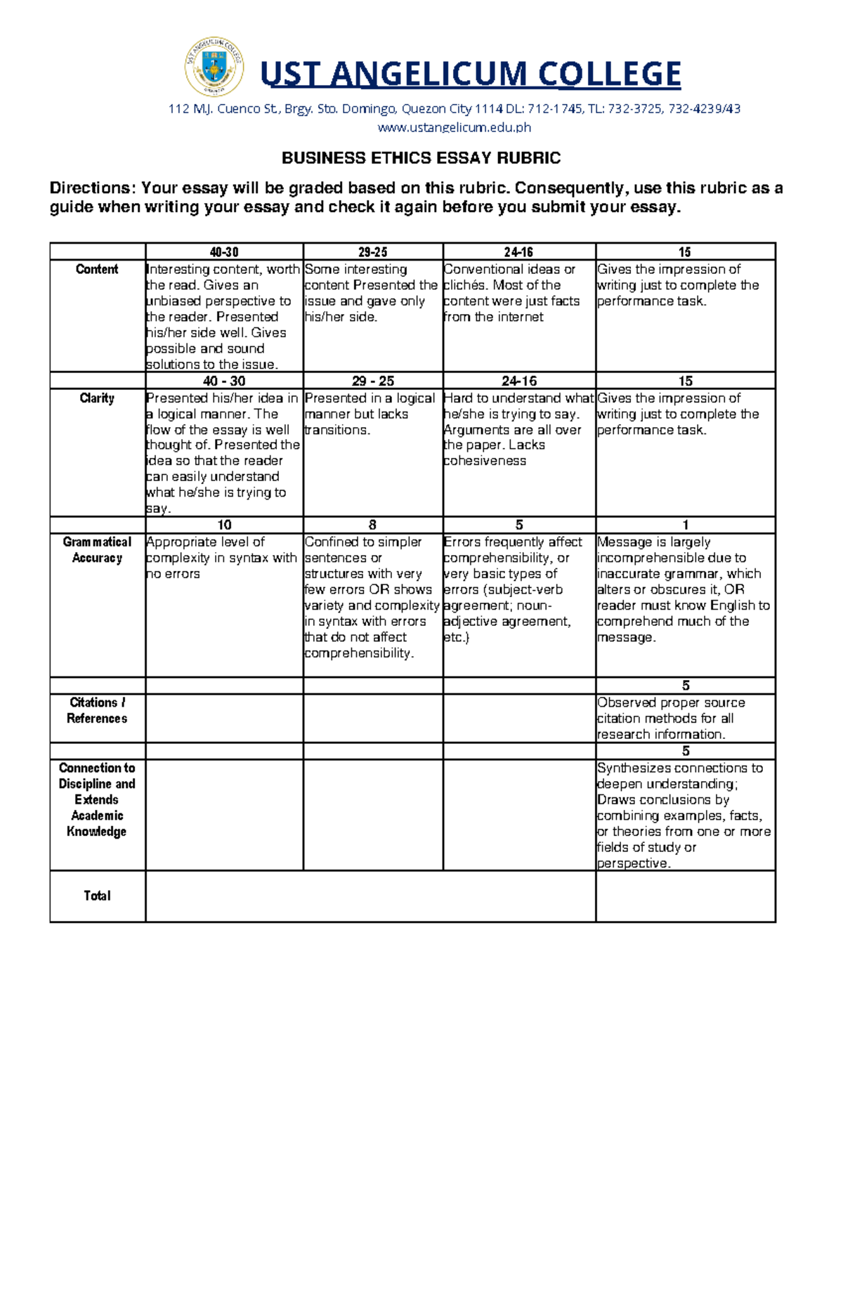 Ethical Issues Rubric - Lecture notes 1 - UST ANGELICUM COLLEGE 112 M ...