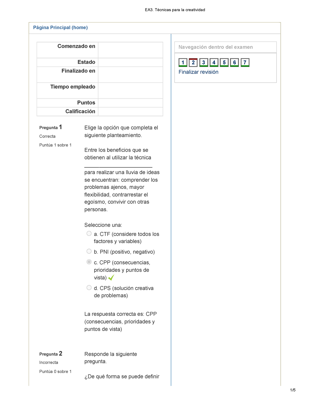 EA3. Técnicas Para La Creatividad - Página Principal (home) Pregunta 1 ...