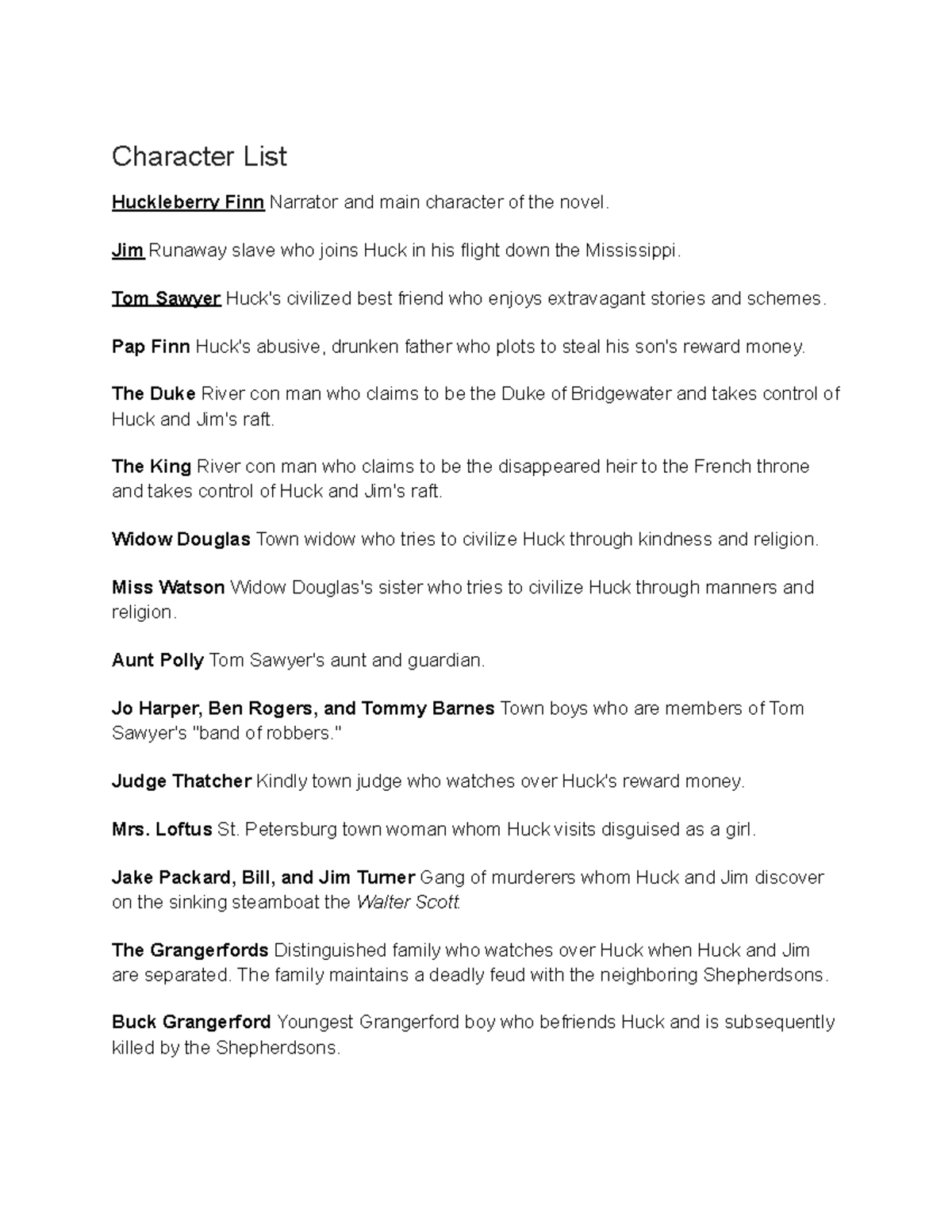 Character List - Character List Huckleberry Finn Narrator and main ...