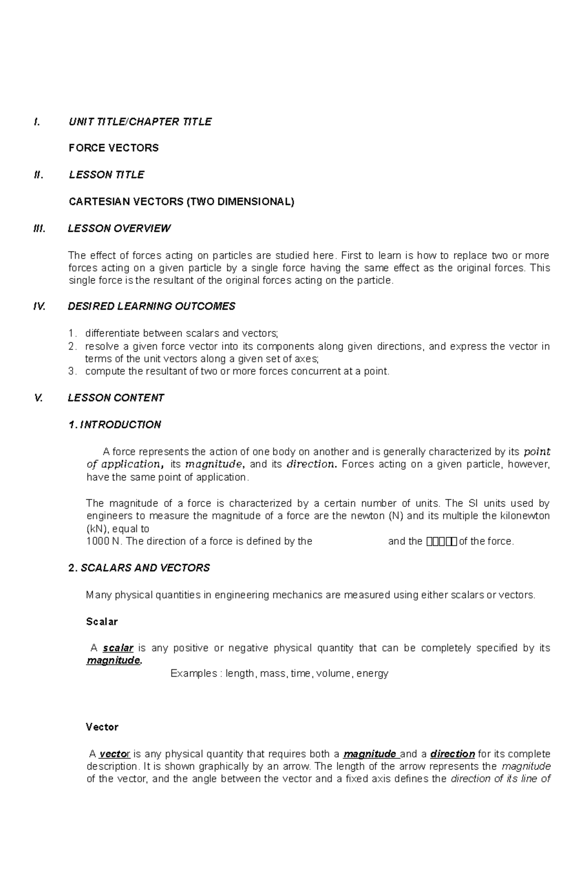 Engineering Mechanics- Cartesian Vectors (TWO Dimensional) - I. UNIT ...