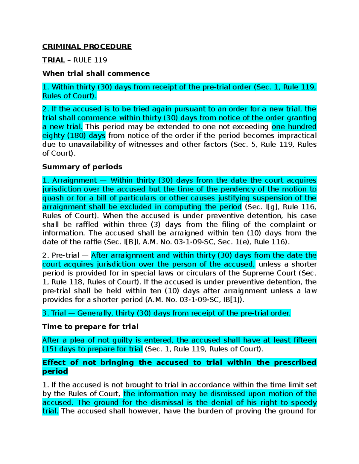 Crim-Pro-Trial - notes - CRIMINAL PROCEDURE TRIAL – RULE 119 When trial ...