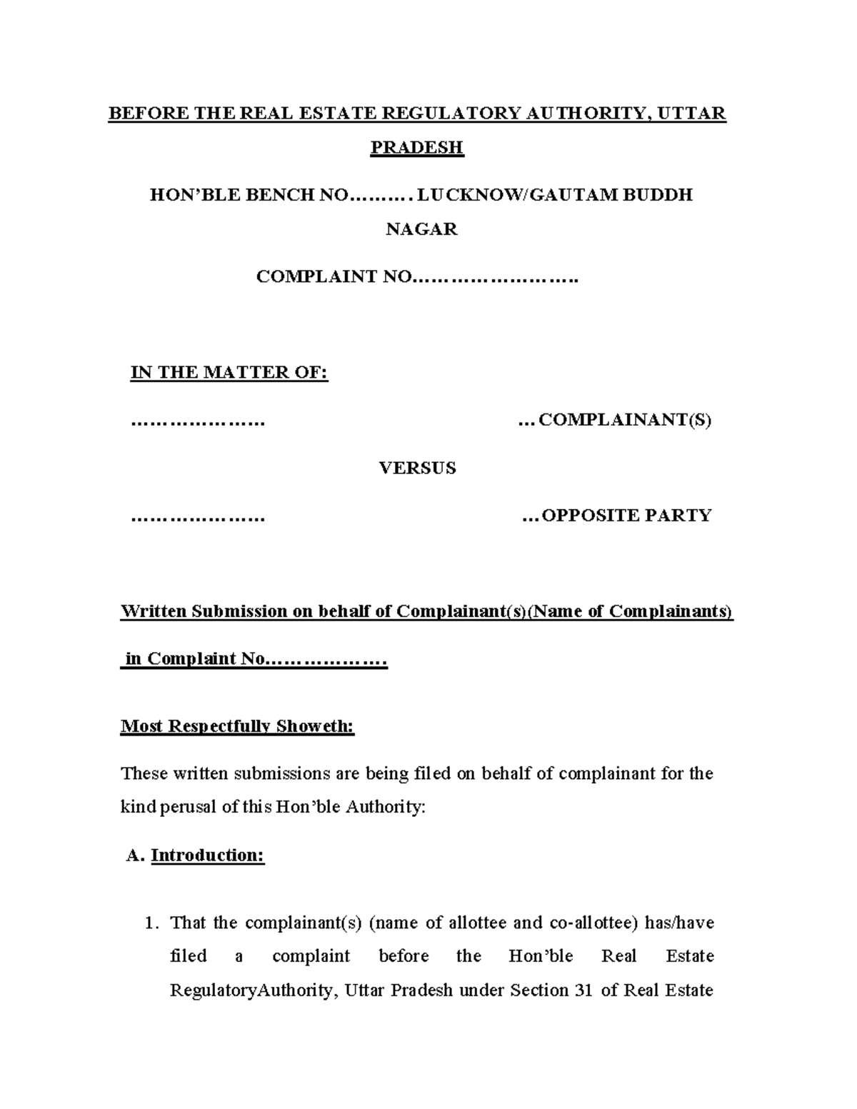 Template Complaint RERA - BEFORE THE REAL ESTATE REGULATORY AUTHORITY ...