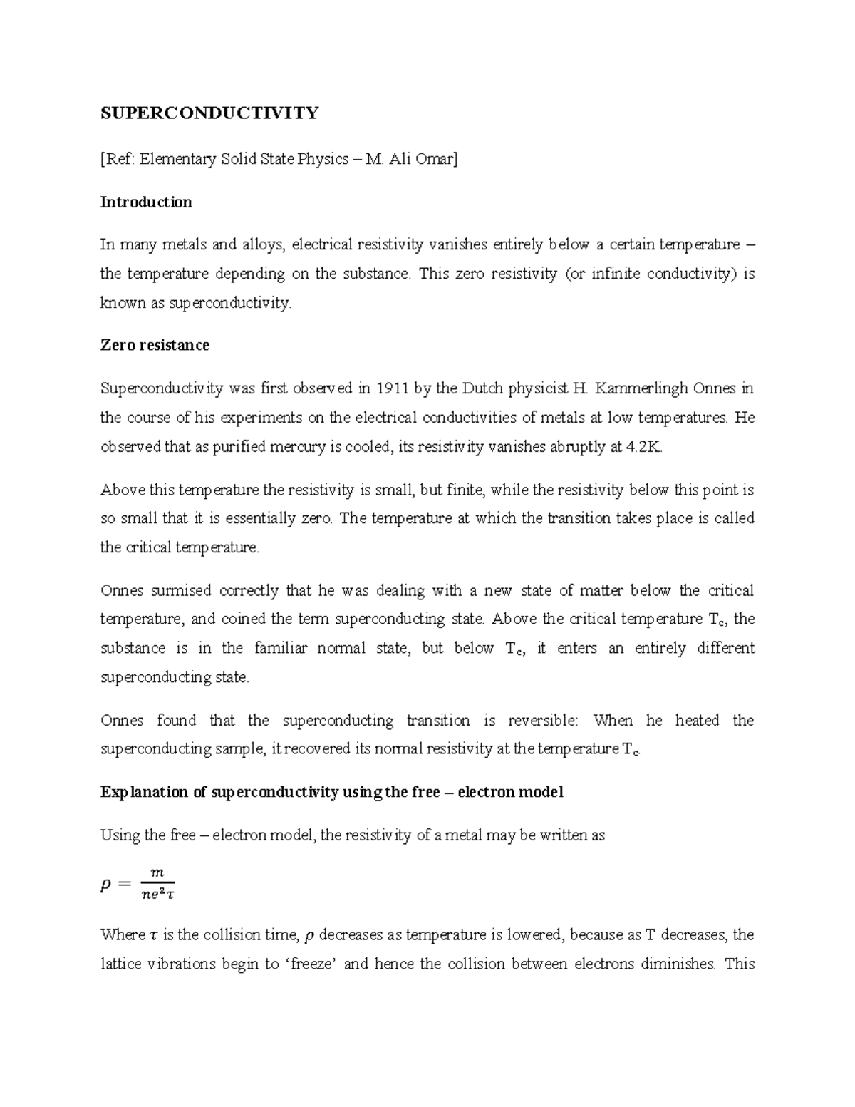 Superconductivity - notes - SUPERCONDUCTIVITY [Ref: Elementary Solid ...